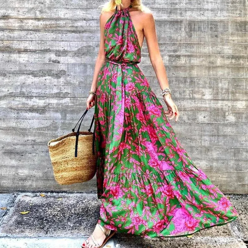 2023 summer new women's halter neck sexy backless beach boho print Maxi dress