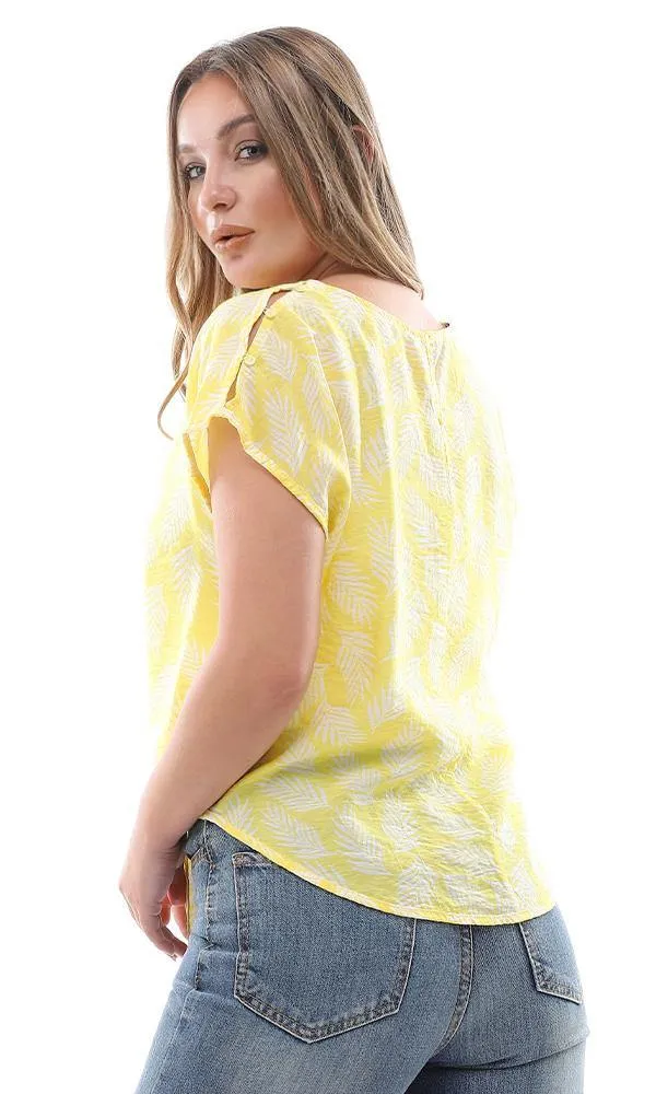 94734 Leaves Pattern Front Tie Yellow Loose Top