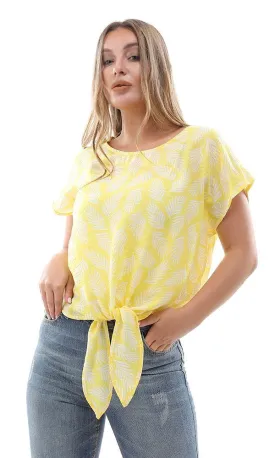 94734 Leaves Pattern Front Tie Yellow Loose Top