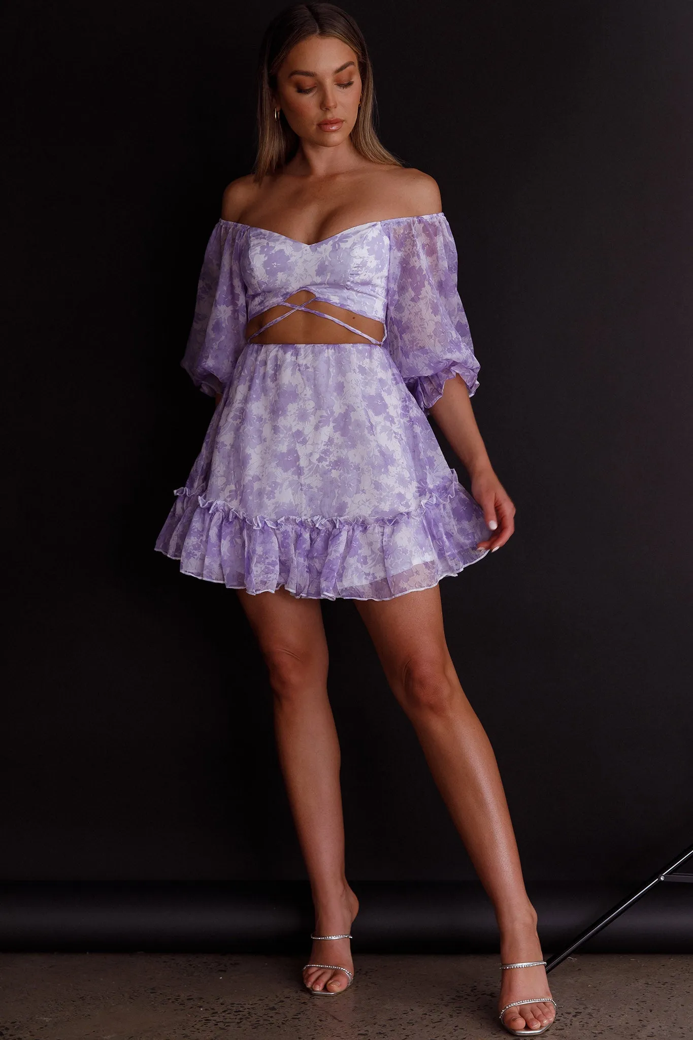 Alethea Puff Sleeve Cut-Out Waist Dress Floral Print Lilac