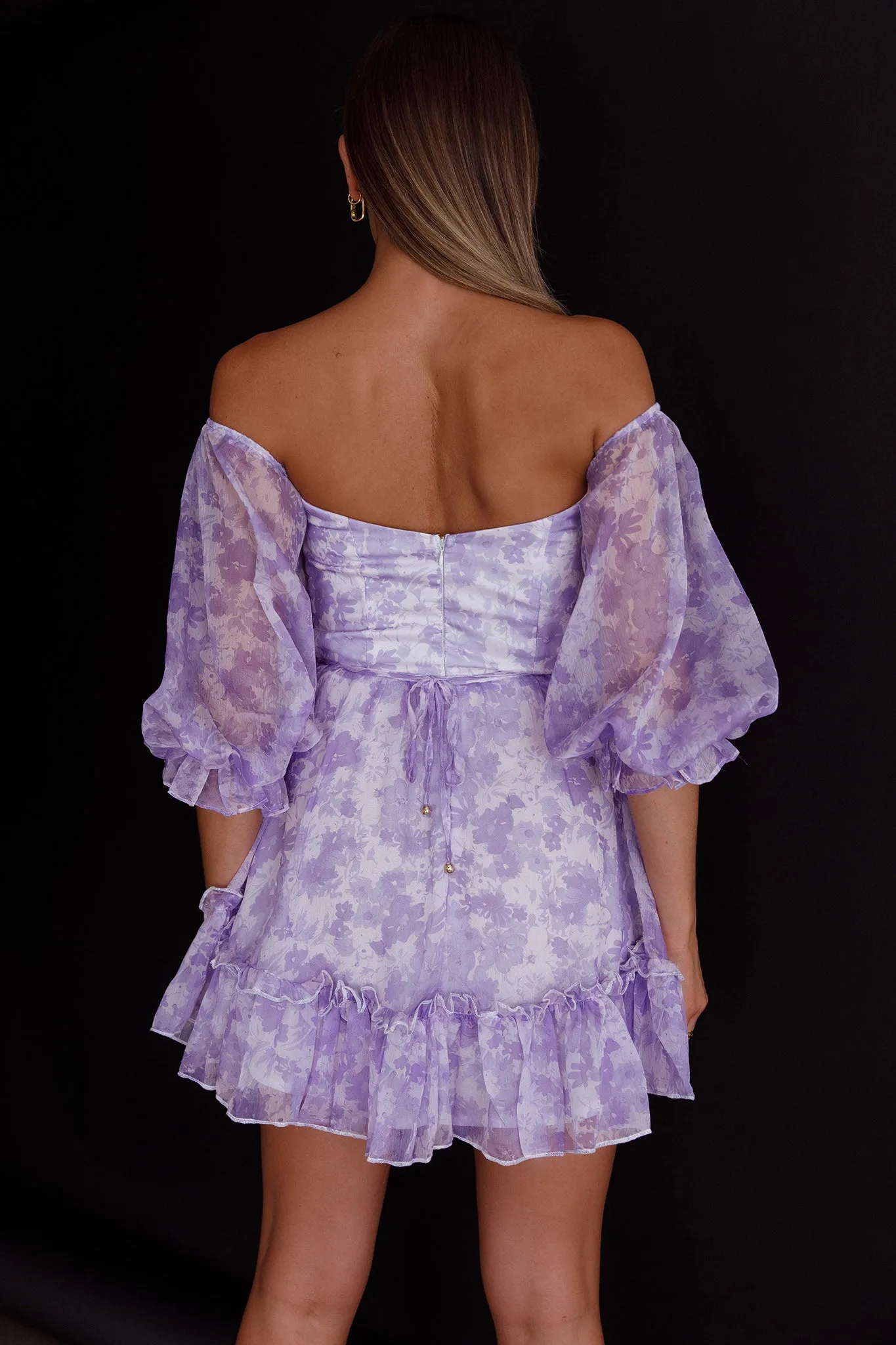 Alethea Puff Sleeve Cut-Out Waist Dress Floral Print Lilac