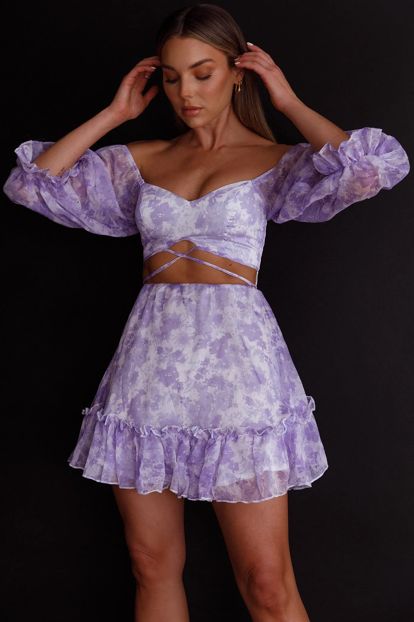 Alethea Puff Sleeve Cut-Out Waist Dress Floral Print Lilac