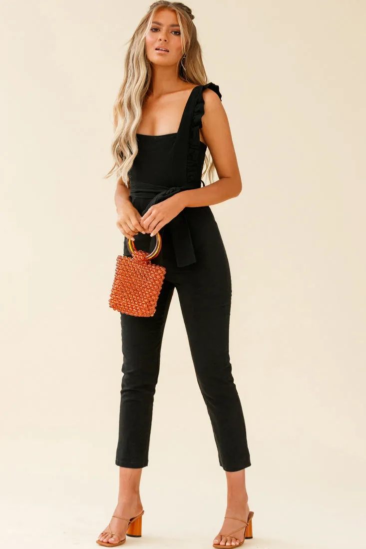 All For Love Square Neckline Ruffle Strap Jumpsuit Black