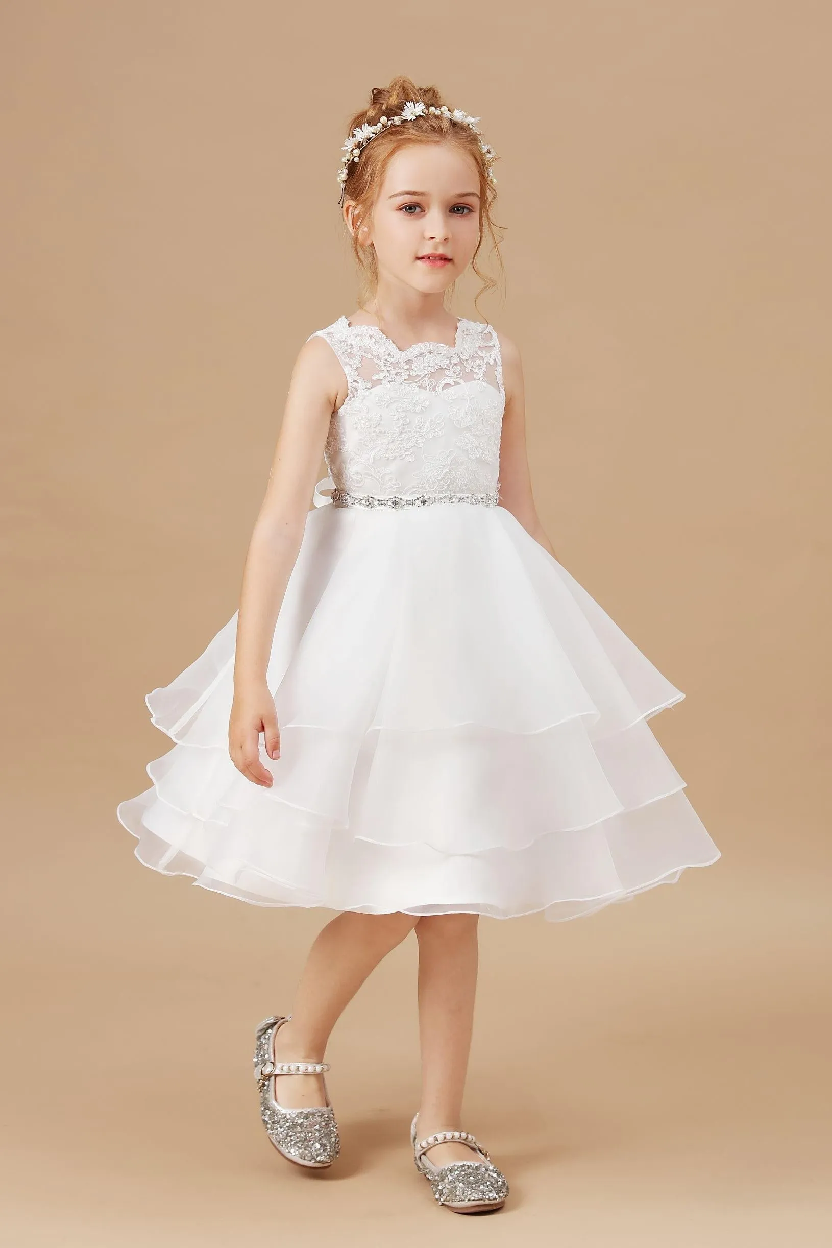 Applique Tulle Organza Ruffles Sleeveless Flower Girl Dress With Rhinestone Sash