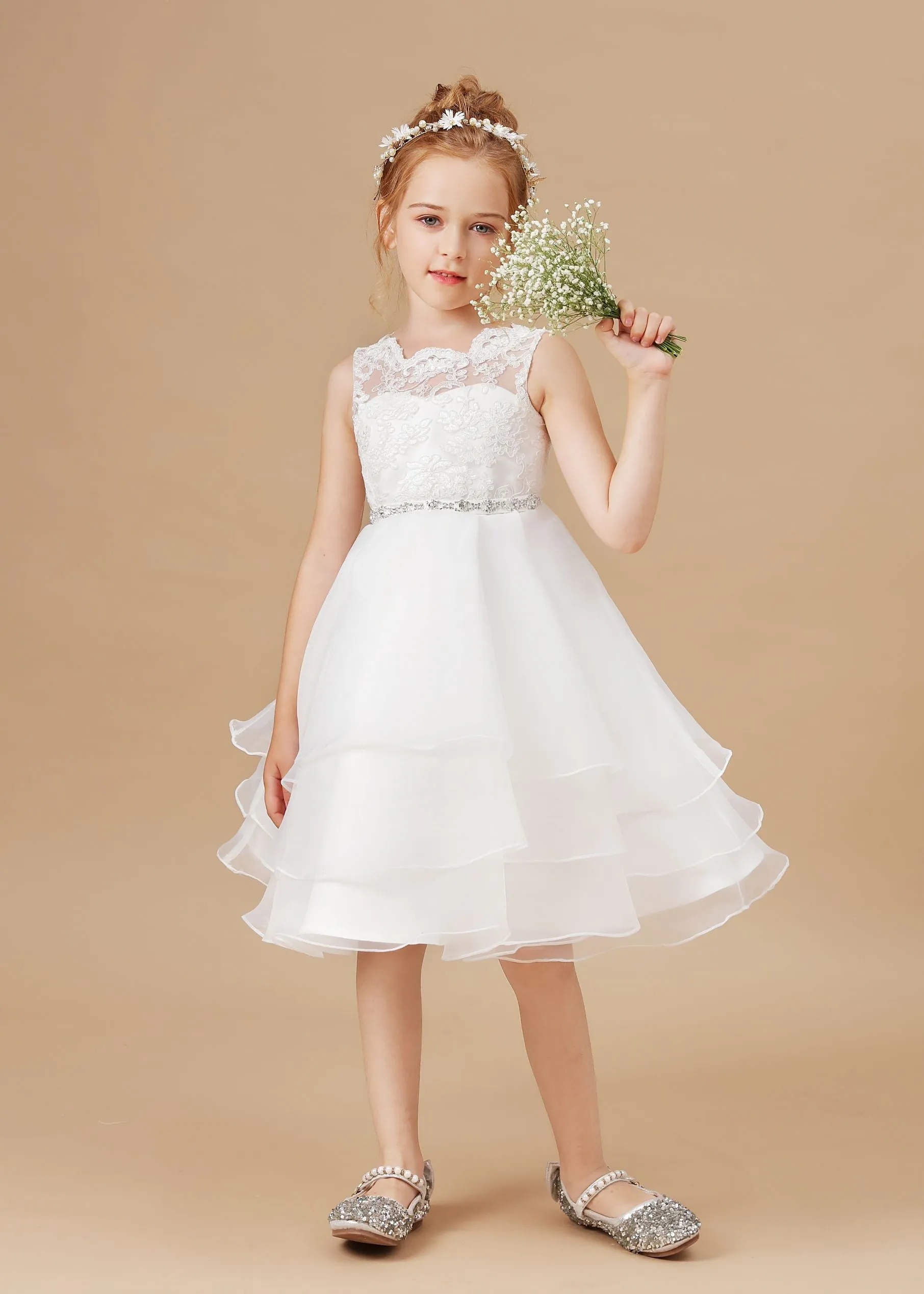 Applique Tulle Organza Ruffles Sleeveless Flower Girl Dress With Rhinestone Sash