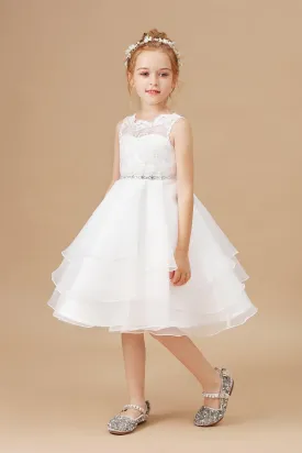 Applique Tulle Organza Ruffles Sleeveless Flower Girl Dress With Rhinestone Sash