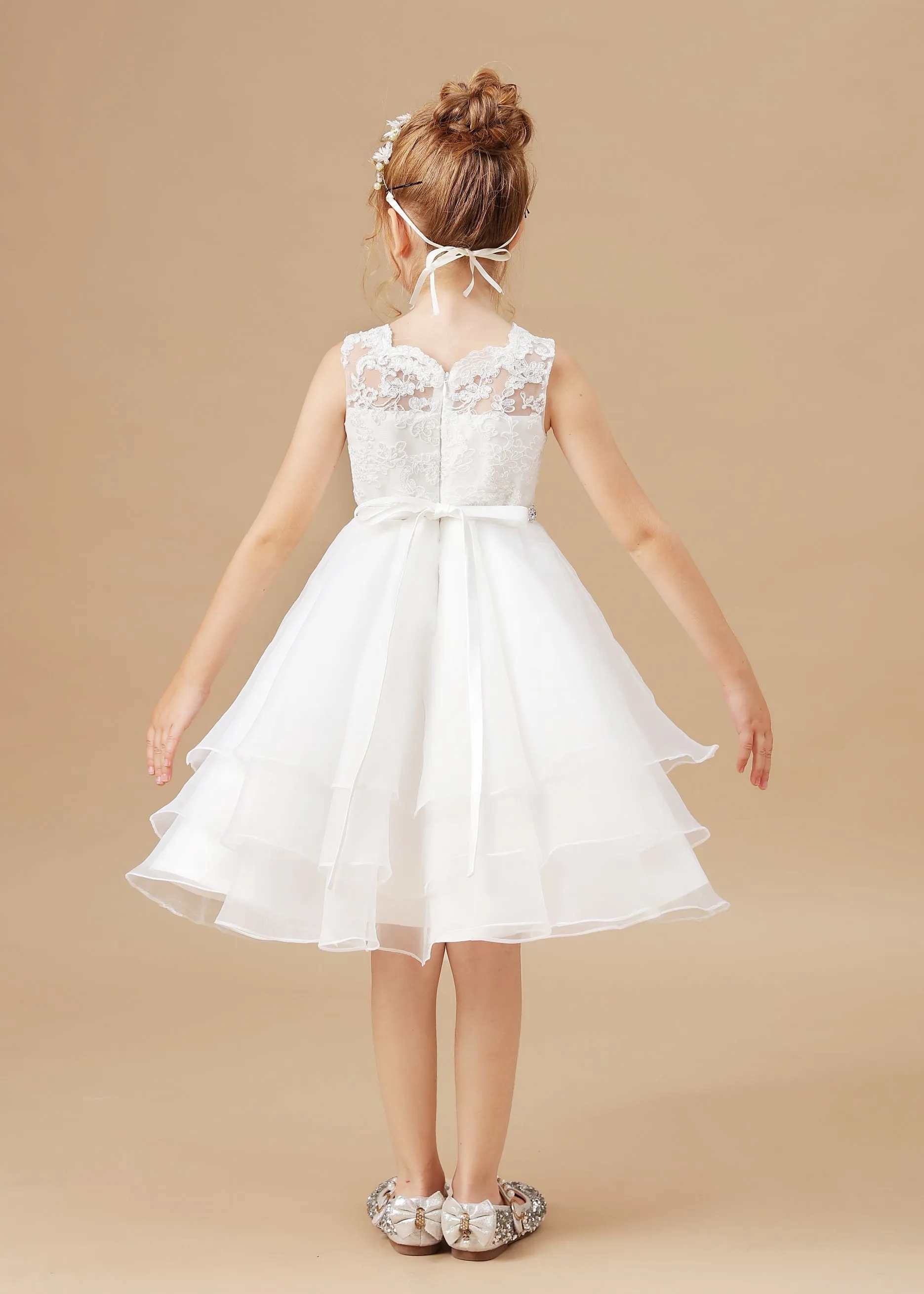 Applique Tulle Organza Ruffles Sleeveless Flower Girl Dress With Rhinestone Sash