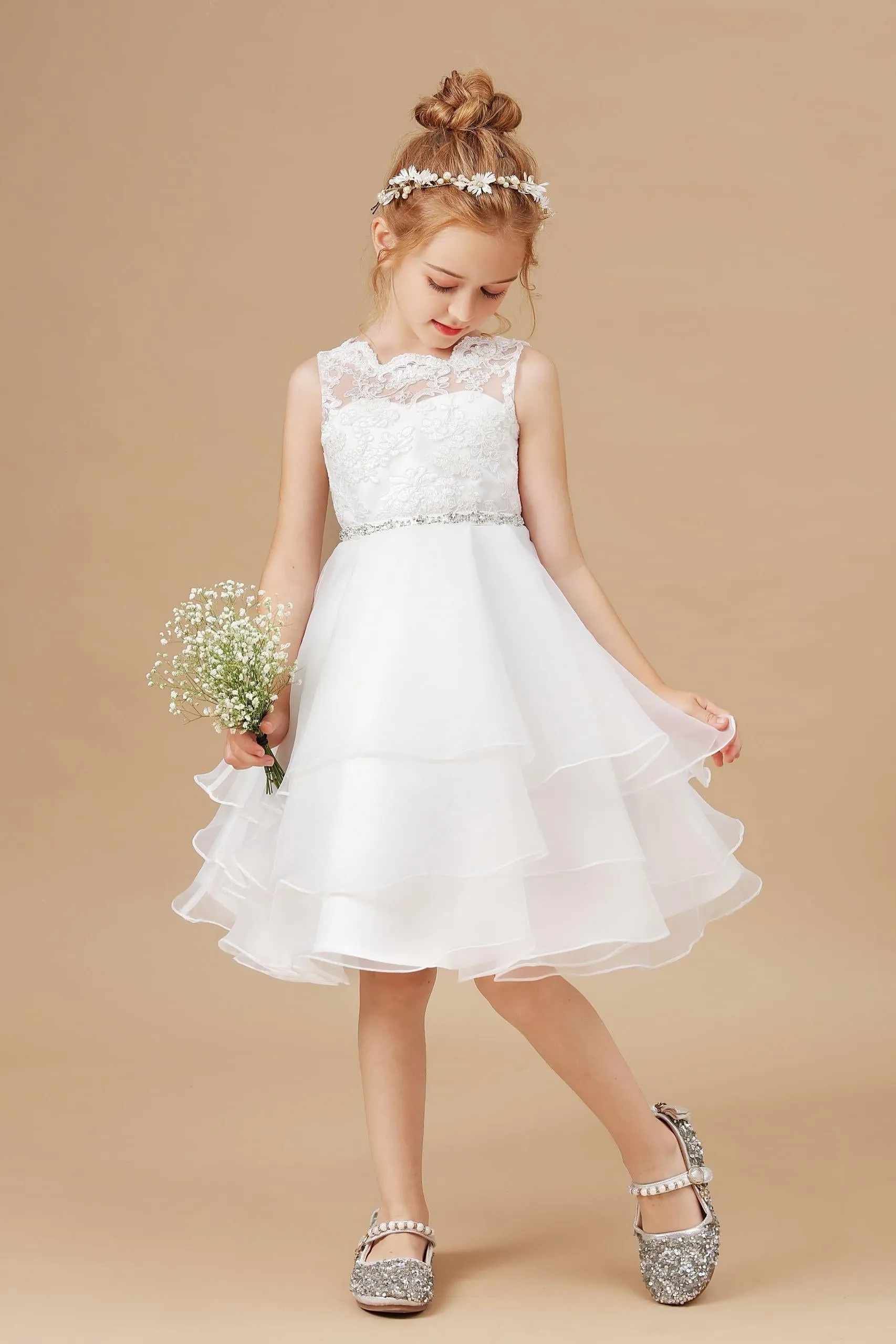 Applique Tulle Organza Ruffles Sleeveless Flower Girl Dress With Rhinestone Sash