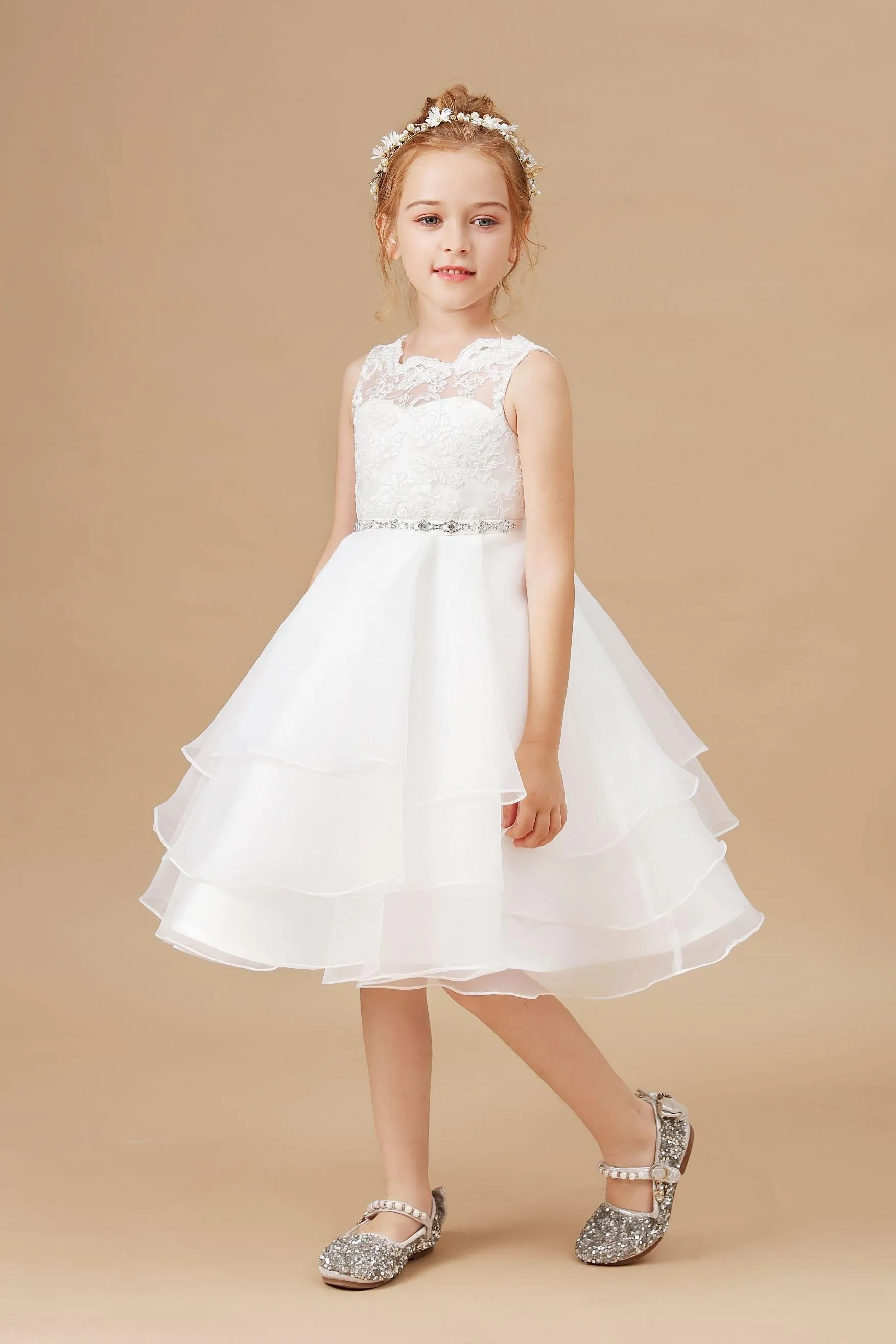 Applique Tulle Organza Ruffles Sleeveless Flower Girl Dress With Rhinestone Sash