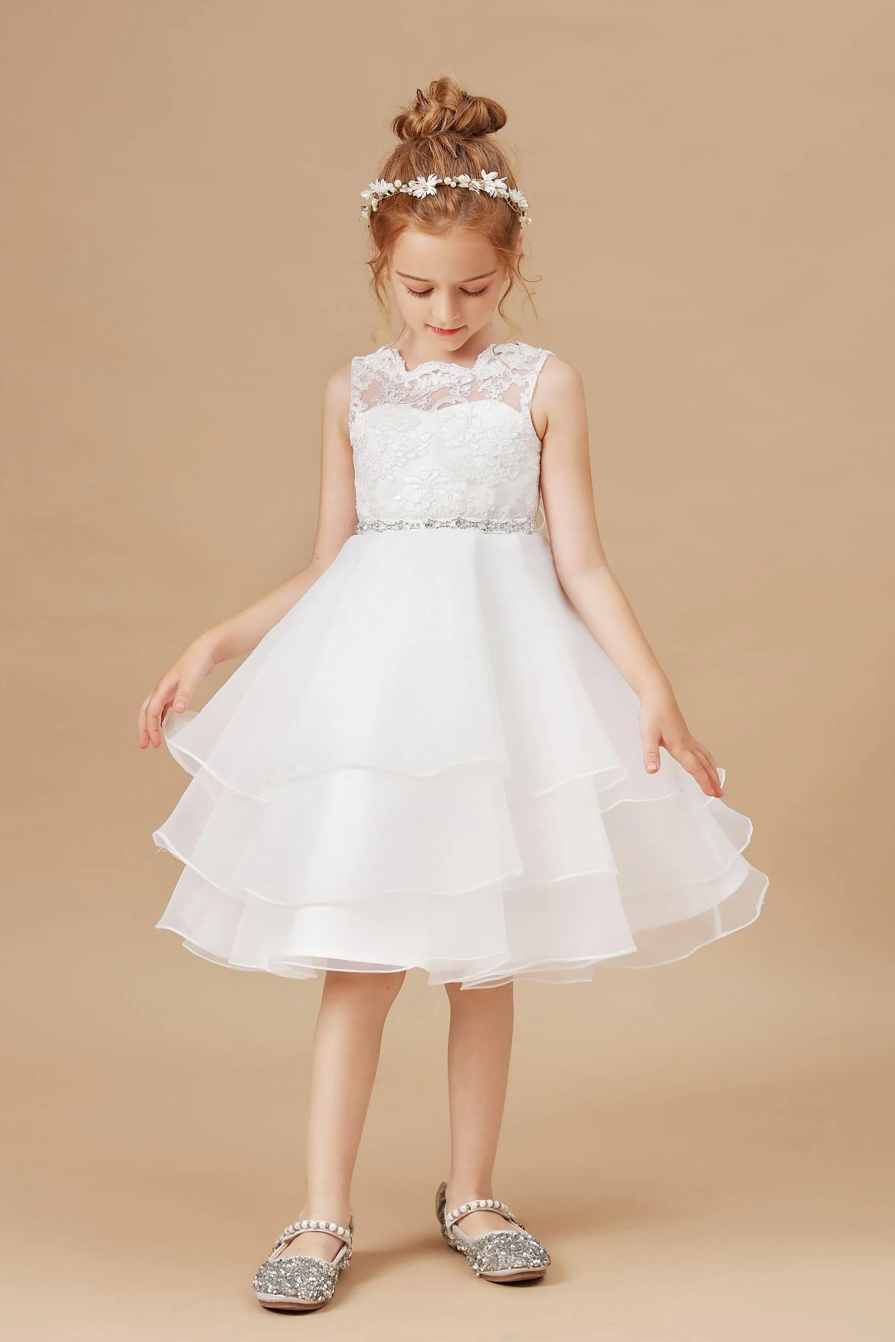 Applique Tulle Organza Ruffles Sleeveless Flower Girl Dress With Rhinestone Sash