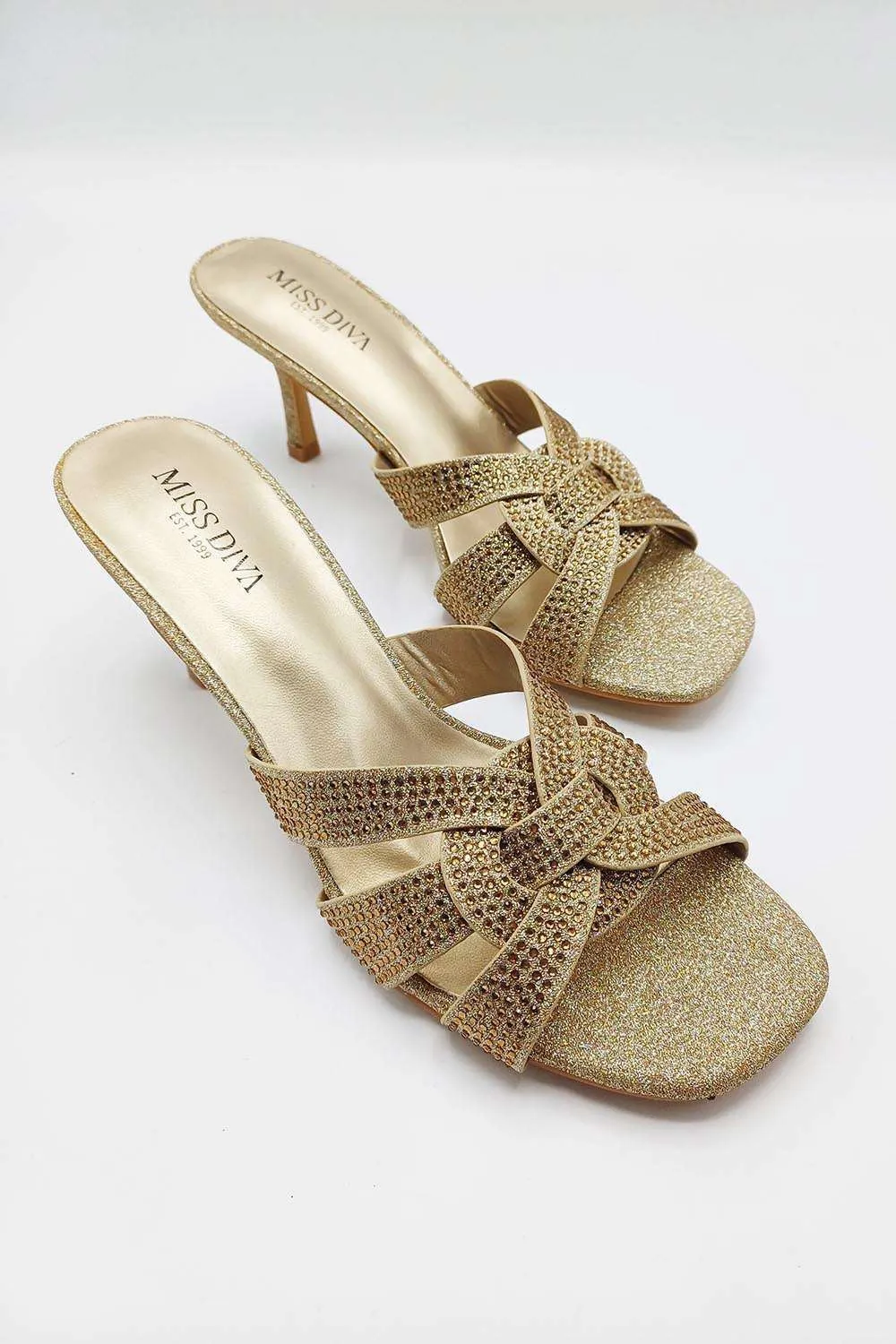 Aurelia Diamante Embellished 3 Strap Mule in Gold