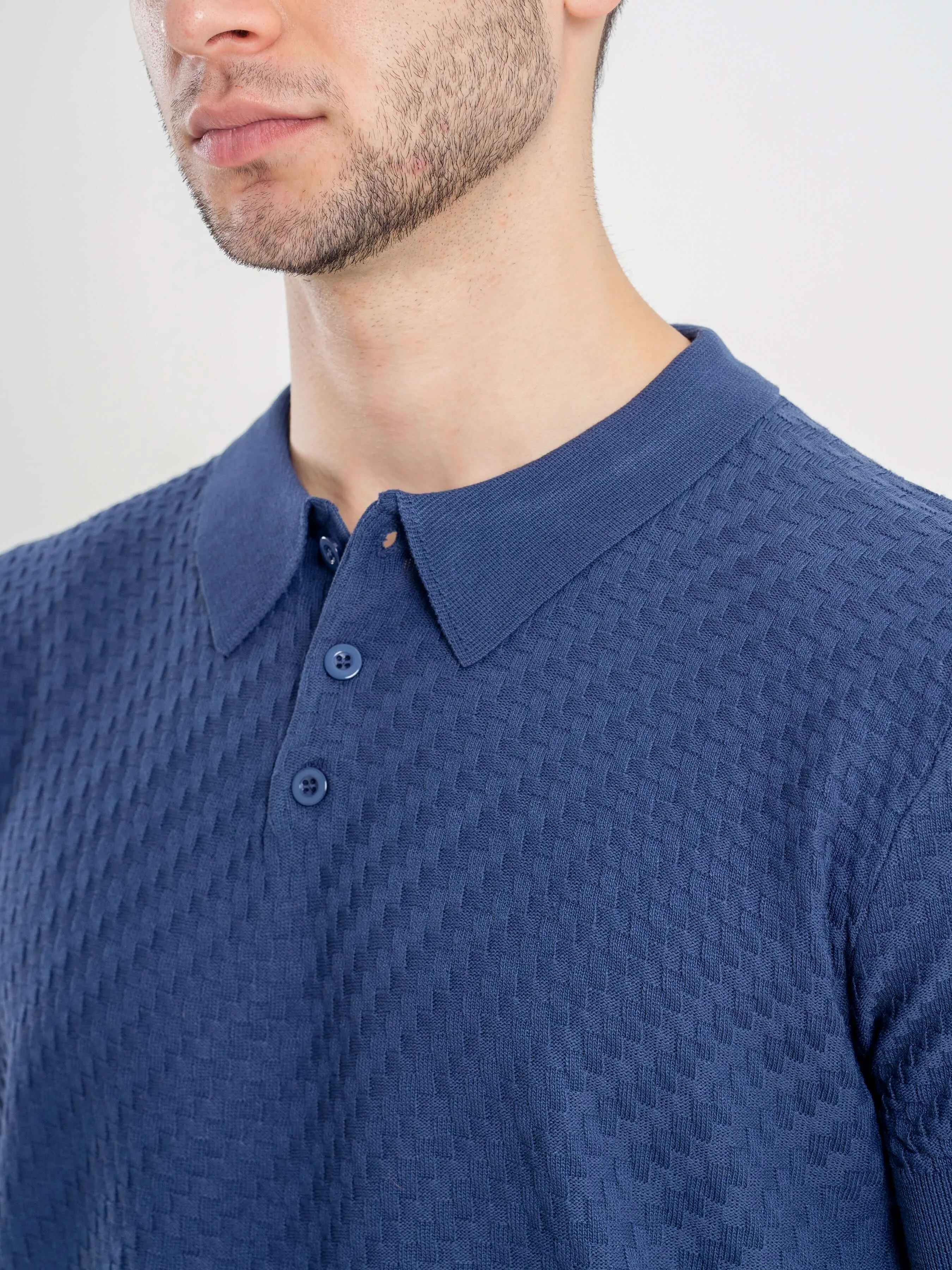 Basketweave Knit Polo Tee - Steel Blue