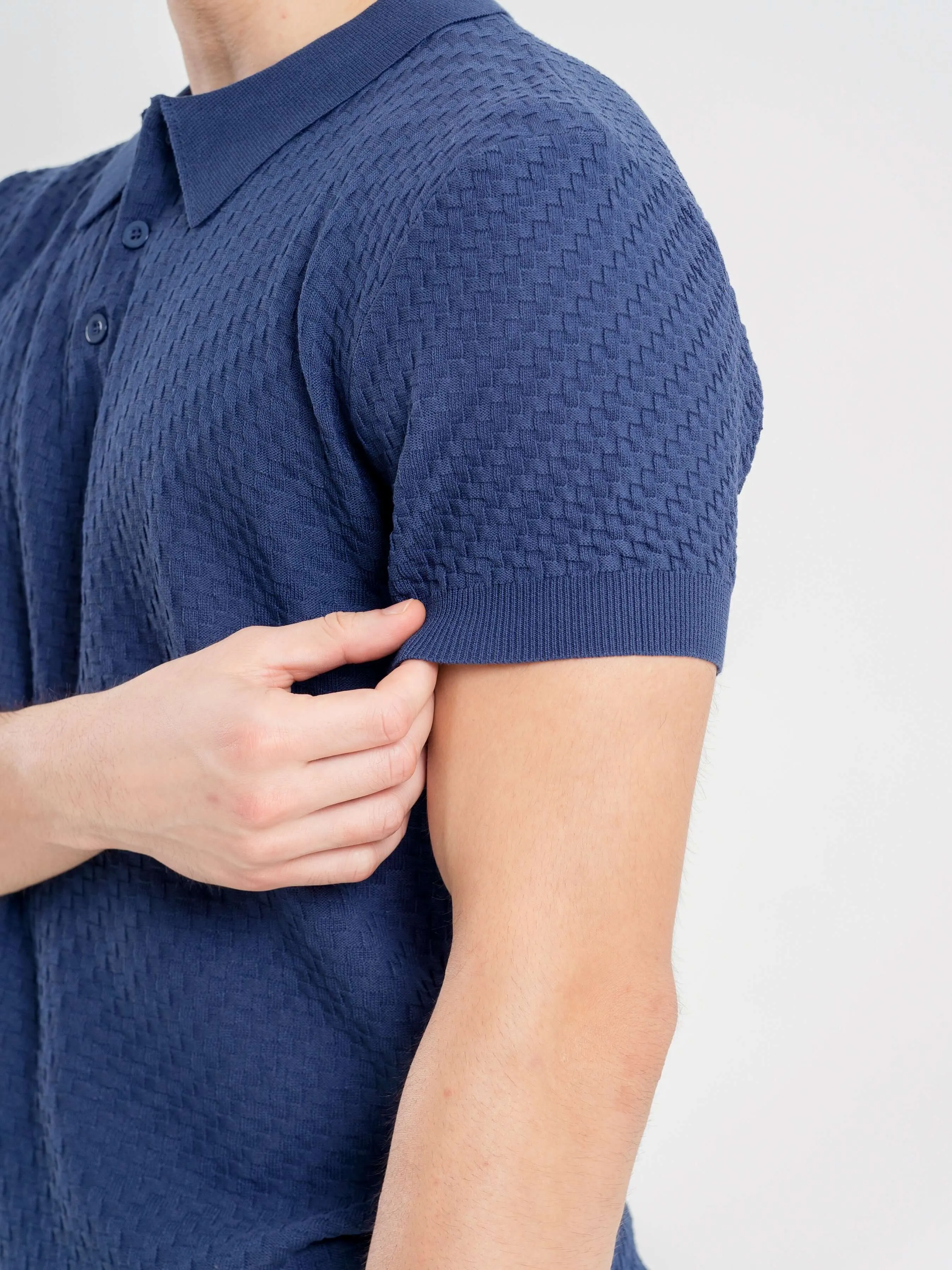 Basketweave Knit Polo Tee - Steel Blue