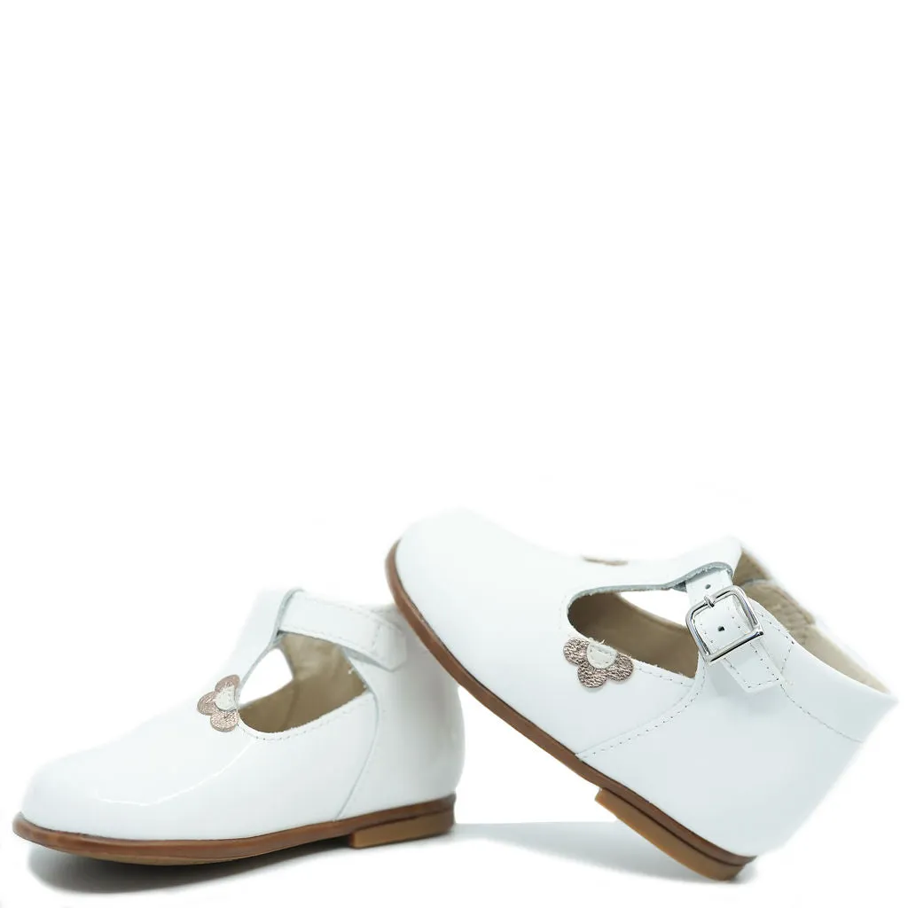 Beberlis White Patent Flower T Strap Baby Shoe