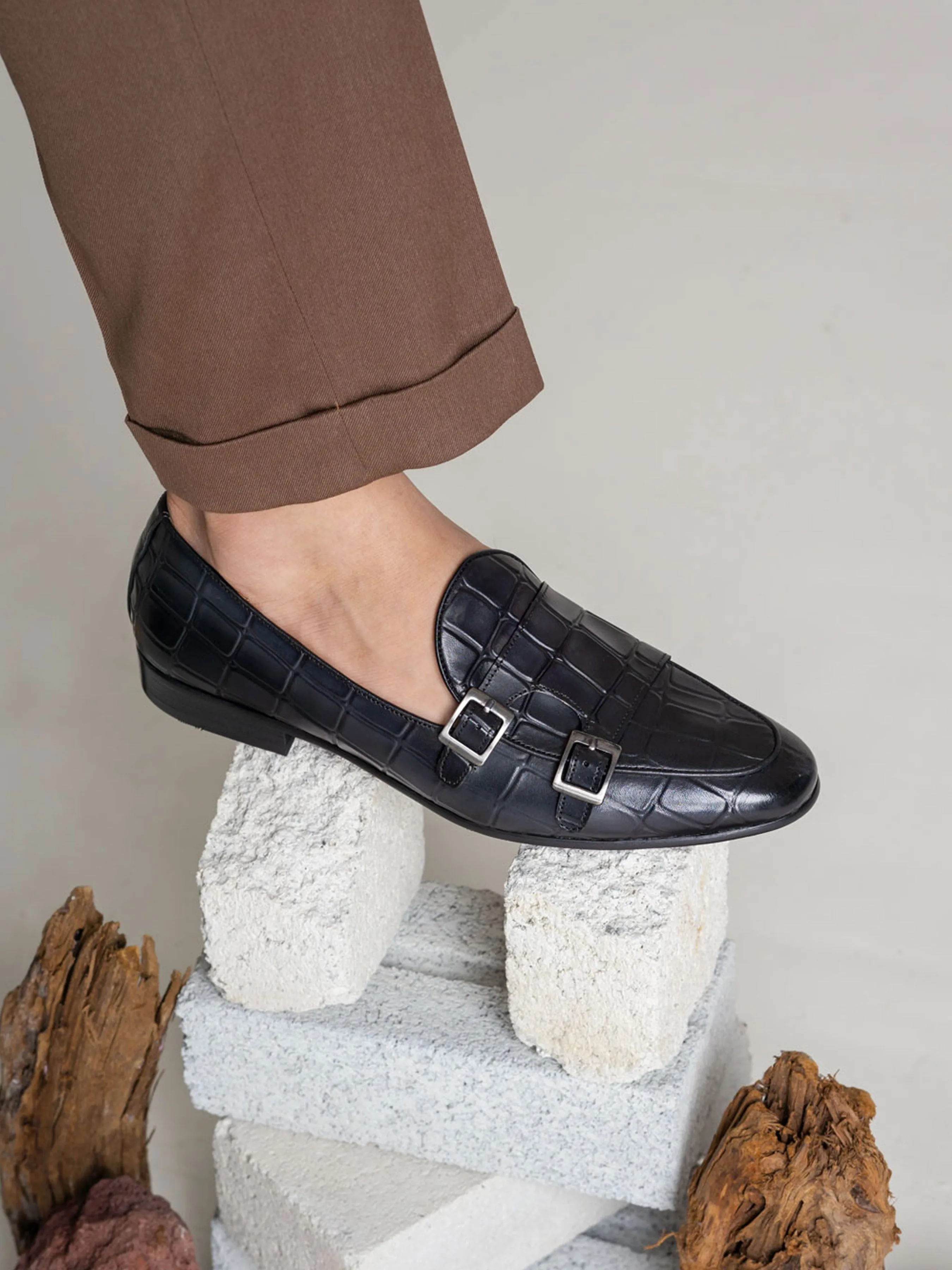 Belgian Loafer - Black Grey Croco Double Monk Strap (Hand Painted Patina)