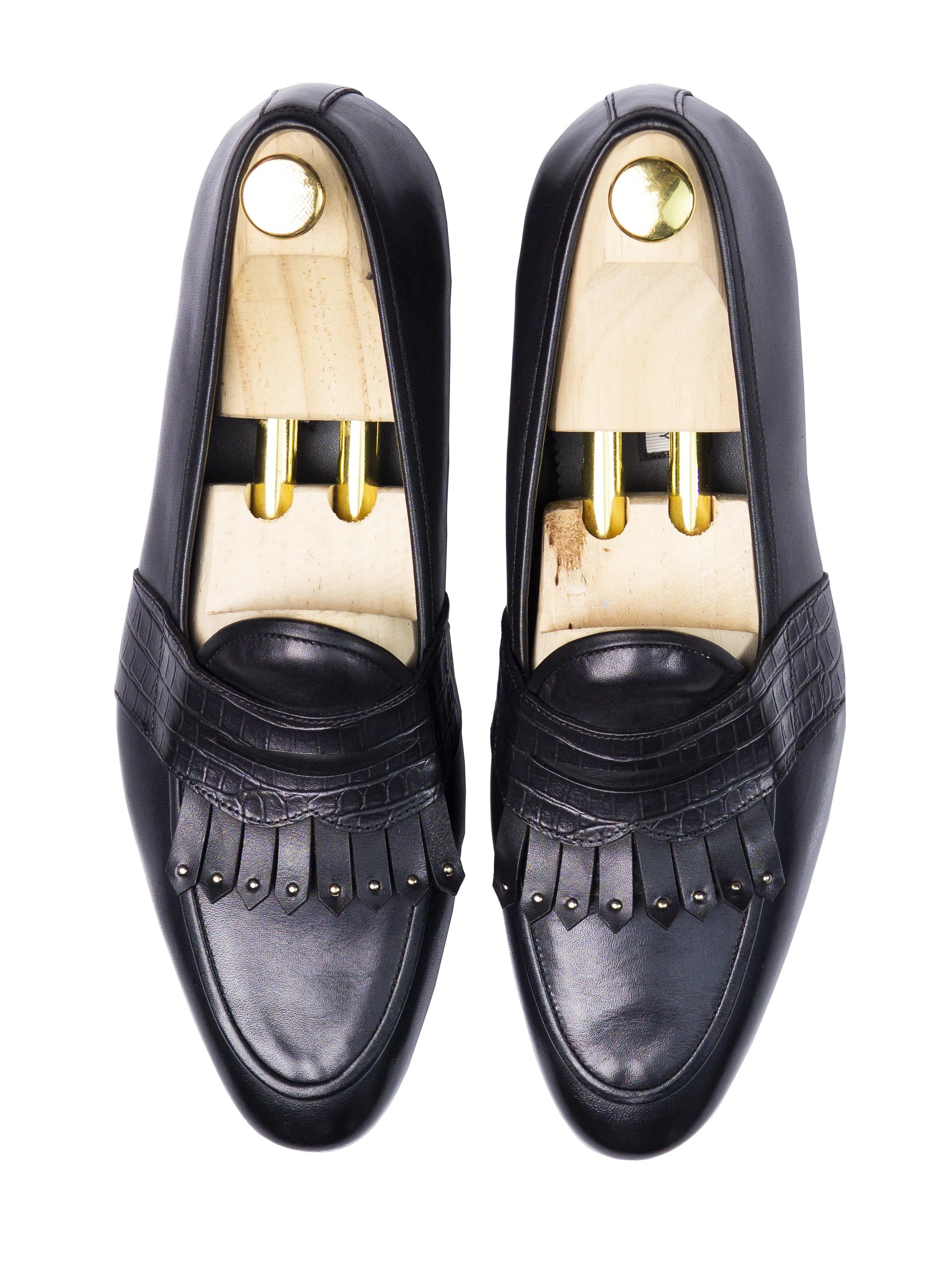 Belgian Loafer - Black Grey Phyton Penny Strap with Studded Fringe (Hand Painted Patina)