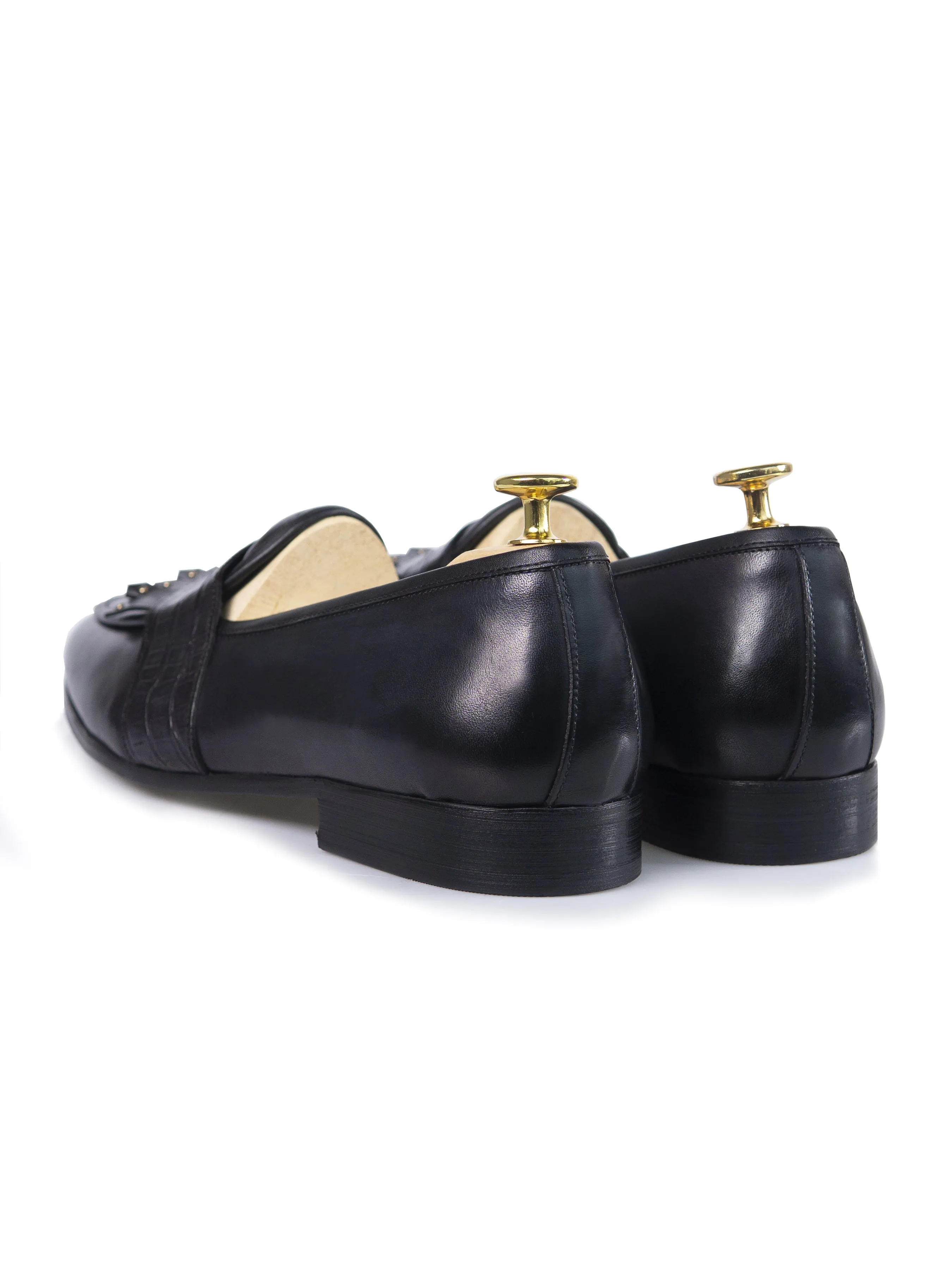 Belgian Loafer - Black Grey Phyton Penny Strap with Studded Fringe (Hand Painted Patina)