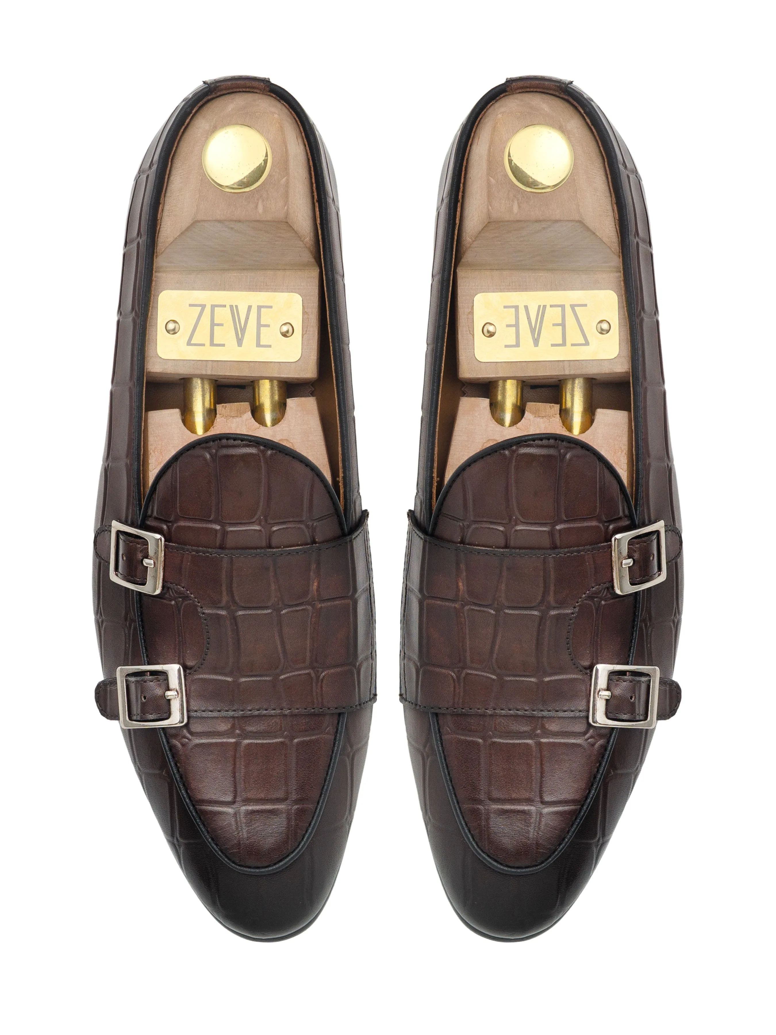 Belgian Loafer - Dark Brown Croco Double Monk Strap (Hand Painted Patina)