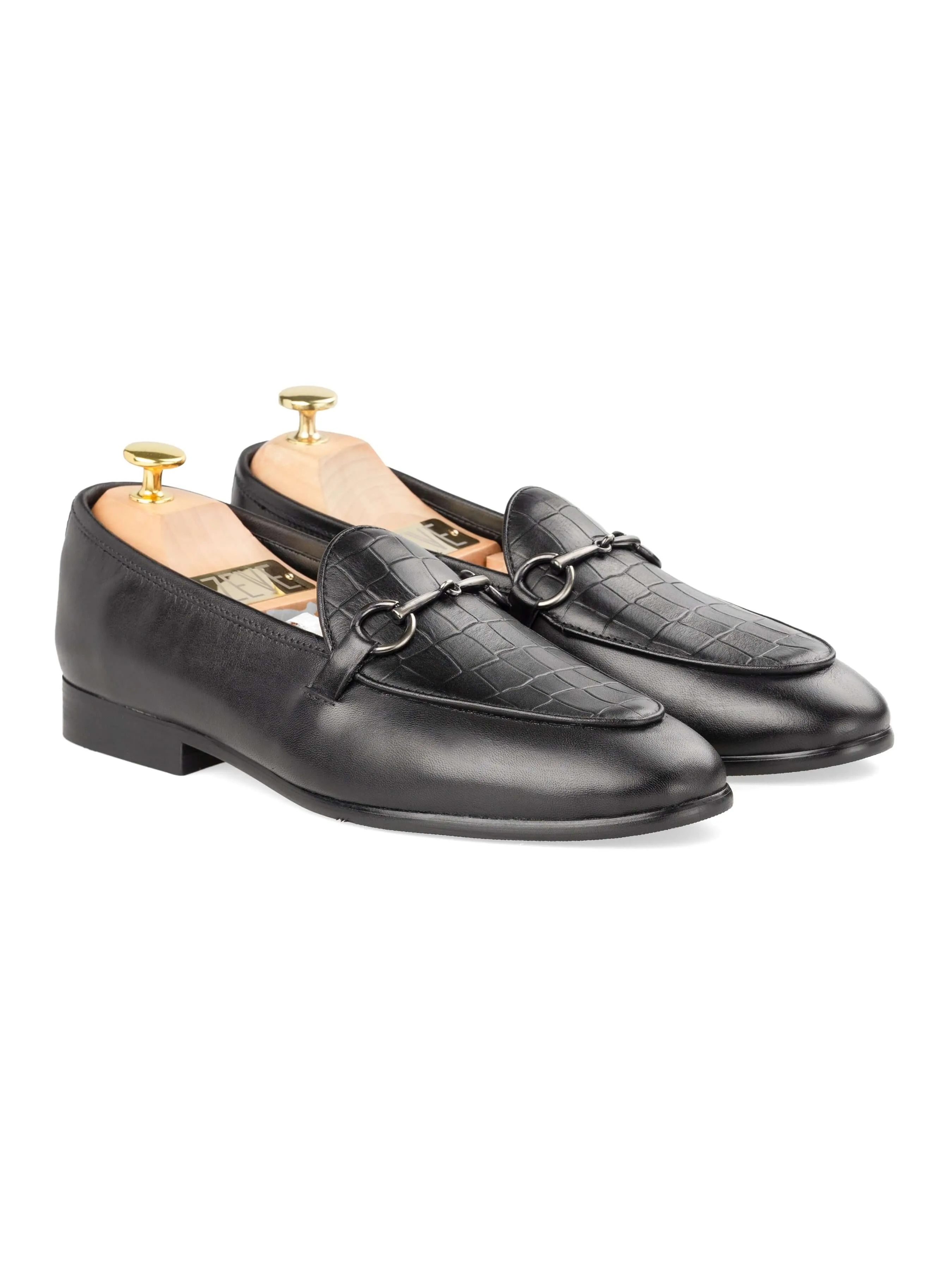 Belgian Loafer Horsebit Buckle - Solid Black & Croco (Silver Buckle)