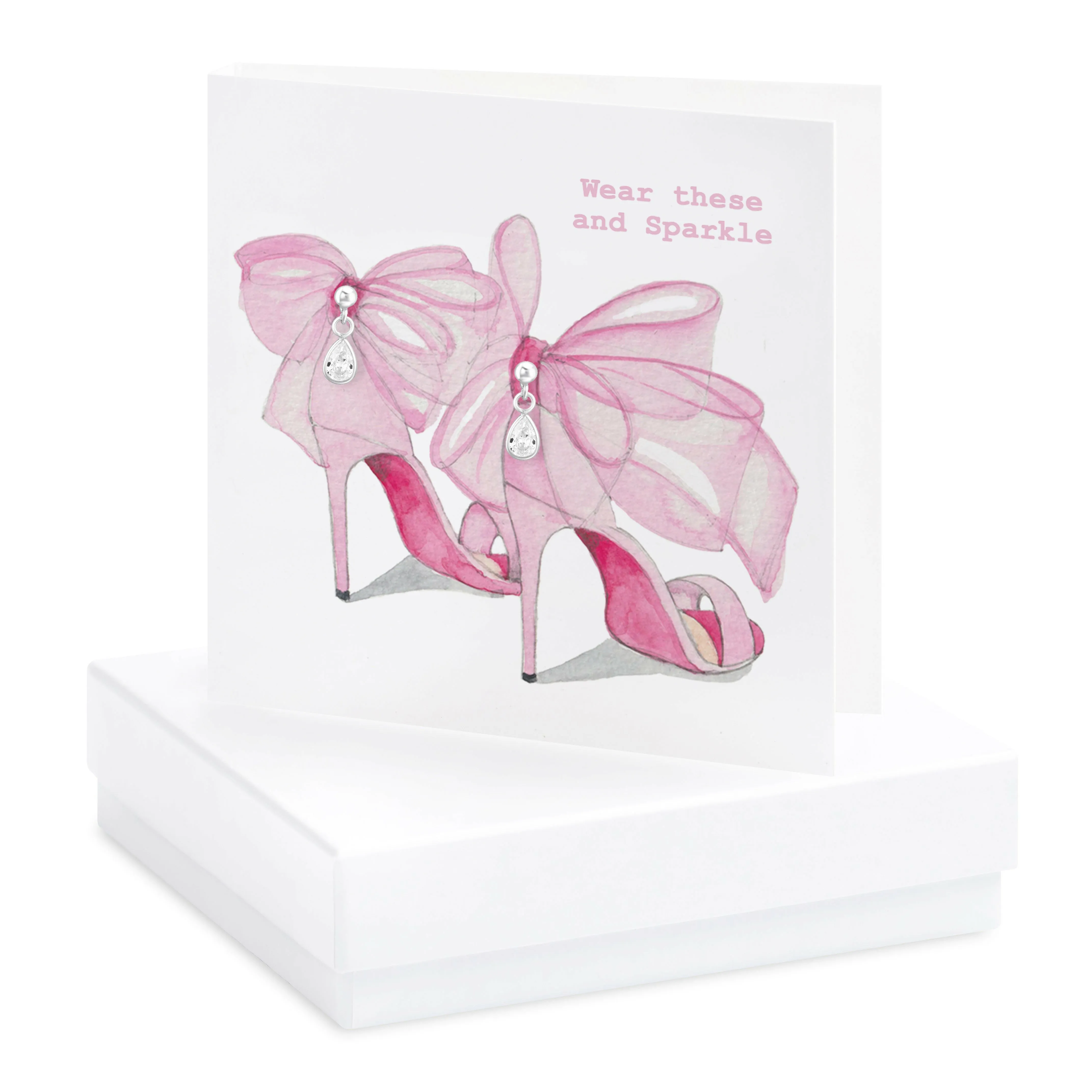 Boxed Silver Earring Card Pink Bow Shoes