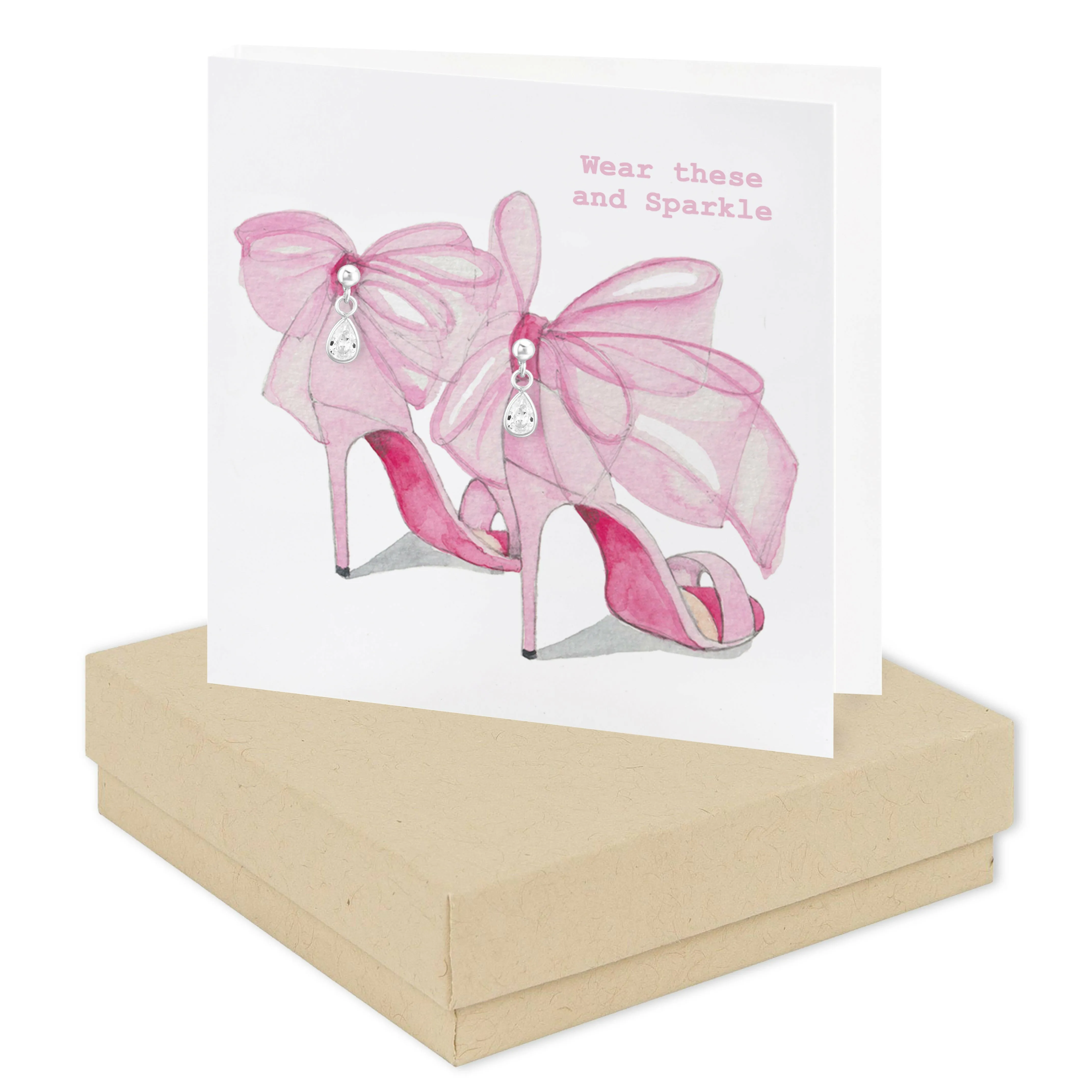 Boxed Silver Earring Card Pink Bow Shoes