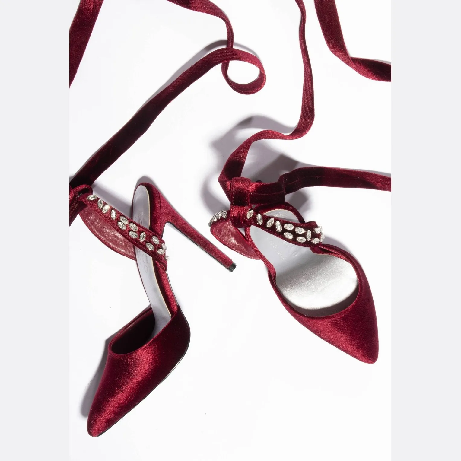 Burgundy Velvet Diamante Stud Tie Up Heels