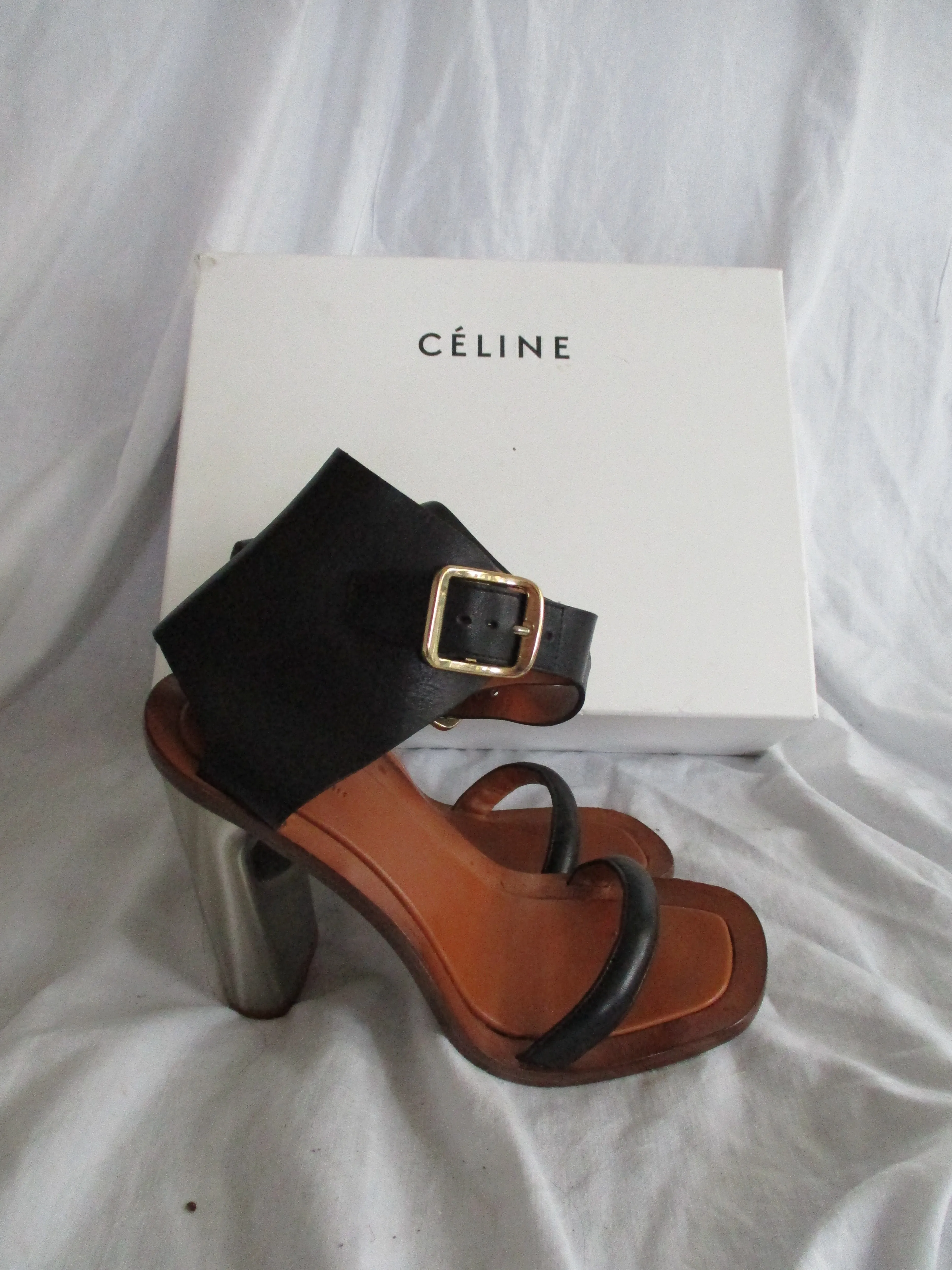 CELINE PARIS ITALY Strappy Silver Heel High Heel PUMP Sandal Shoe 37 Leather BLACK