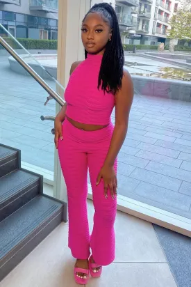 Charlotta Neon Pink Textured High Neck Crop Top and Flared Trouser Co-Ord Set