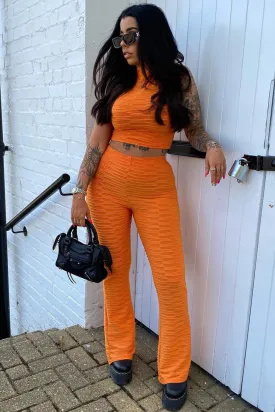 Charlotta Orange Textured High Neck Crop Top and Flared Trouser Co-Ord Set