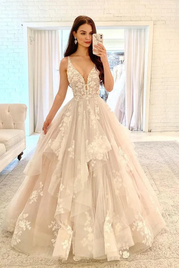 Charming Ball Gown V Neck Tulle Wedding Dresses with Appliques N106