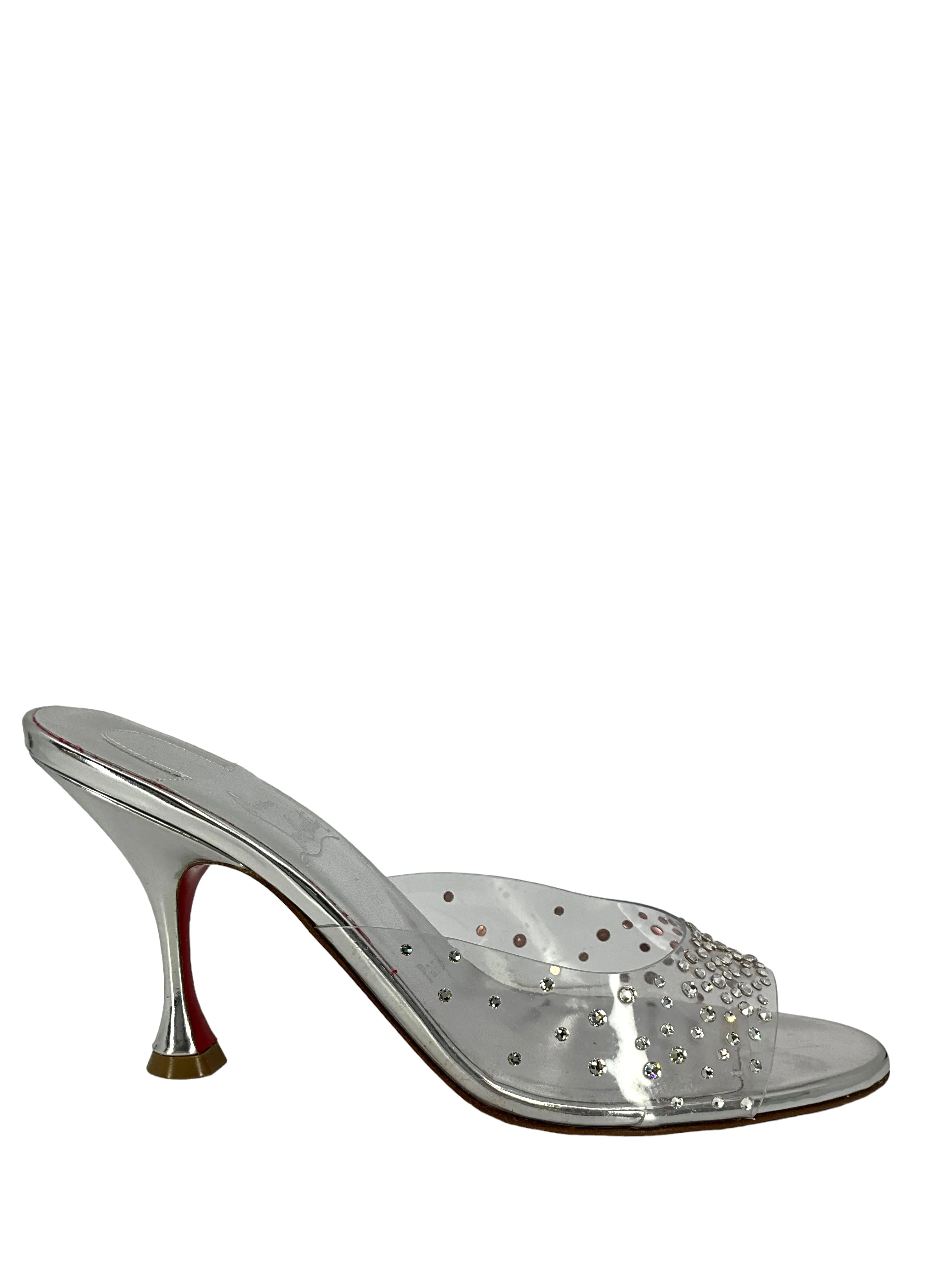 CHRISTIAN LOUBOUTIN Degramule Strass 85 Crystal-Embellished PVC Mules Size 6.5 NEW