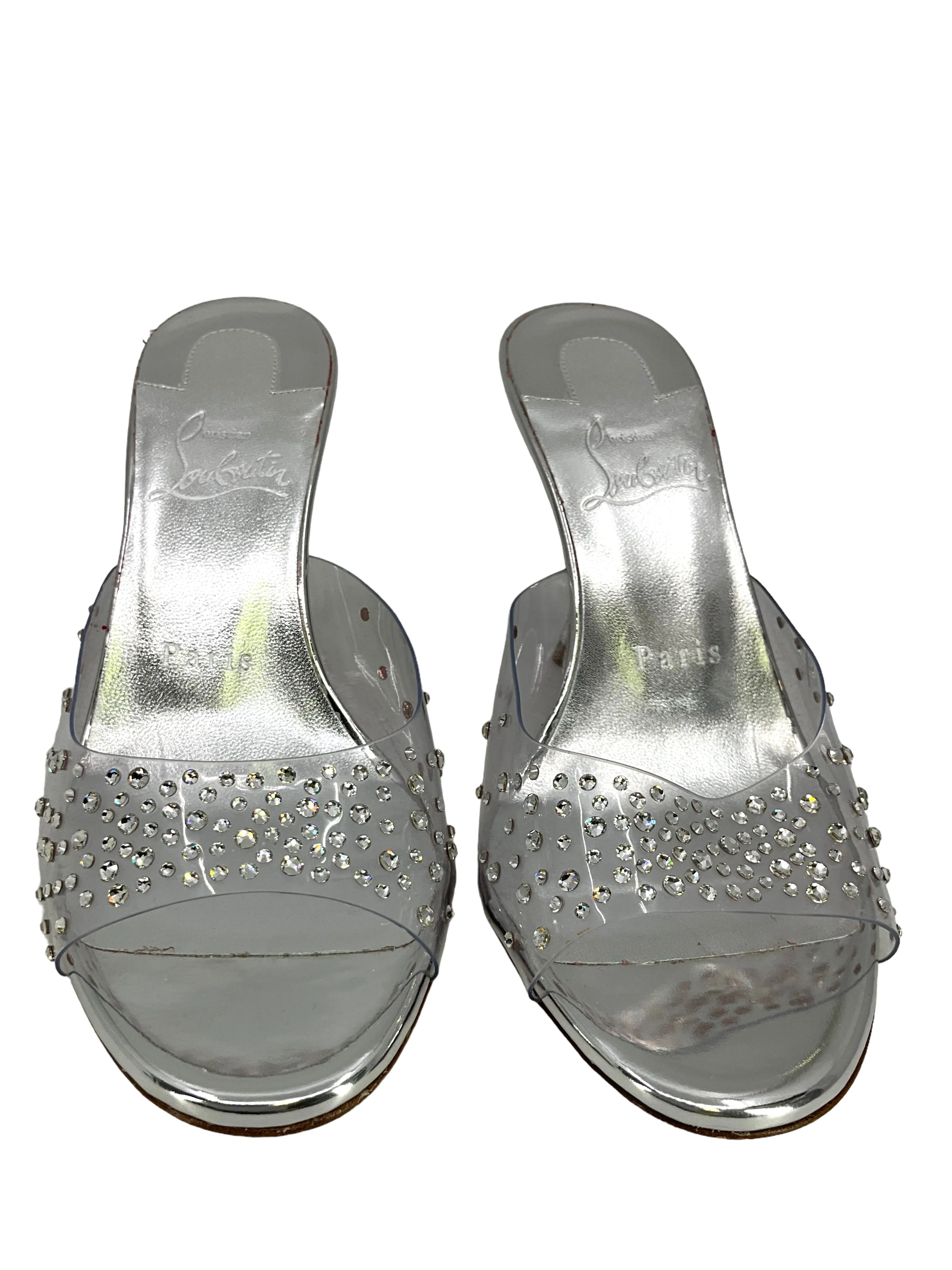 CHRISTIAN LOUBOUTIN Degramule Strass 85 Crystal-Embellished PVC Mules Size 6.5 NEW