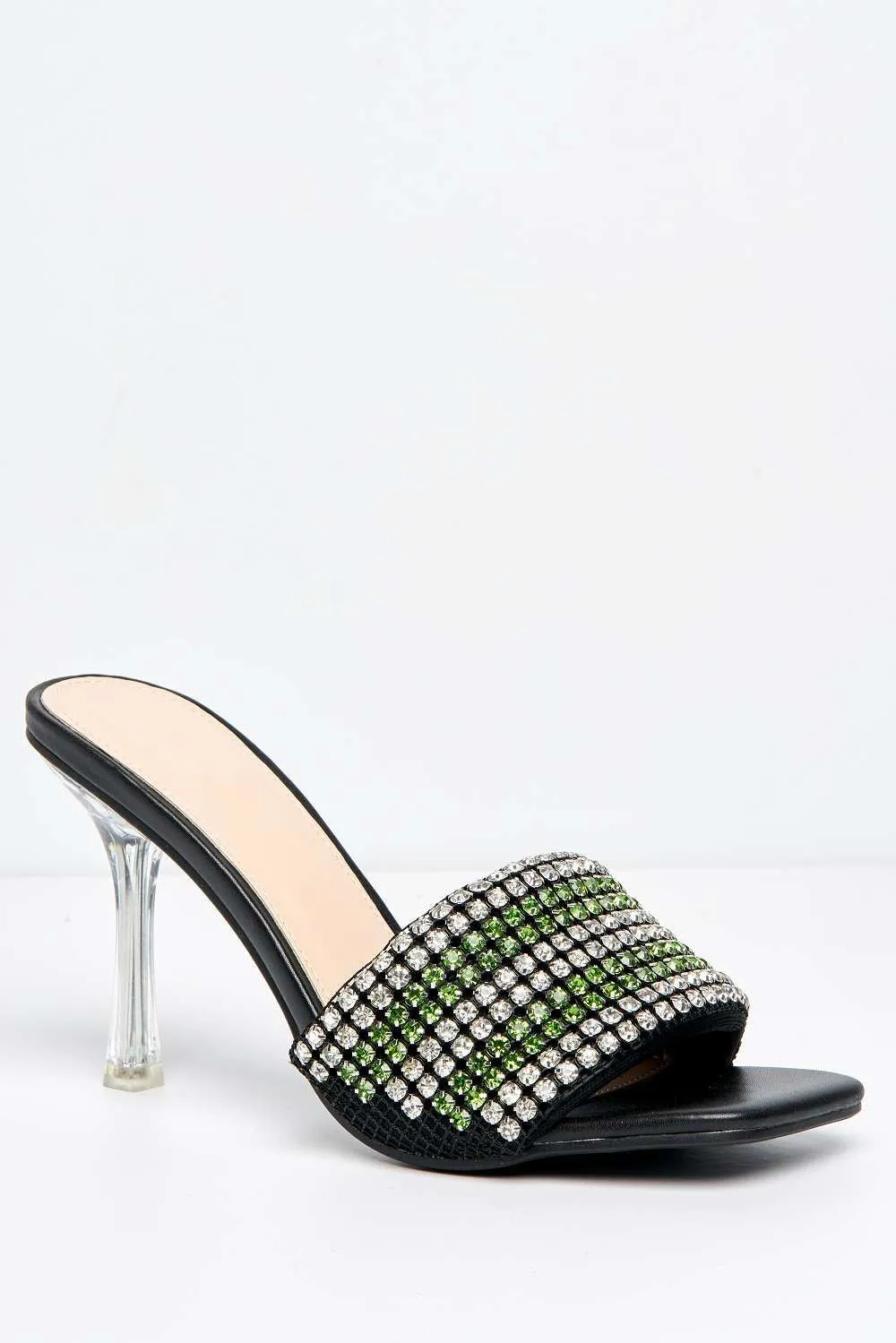 Crystalya Diamante Embellished Perspex Heel Mules in Green