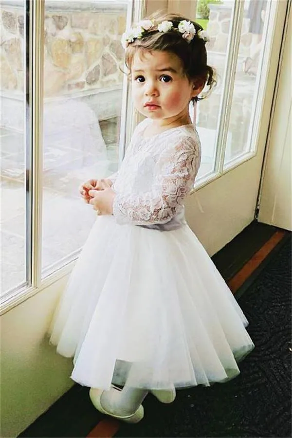 Cute A-line Long Sleeves Lace Tulle Flower Girl Dress OF133