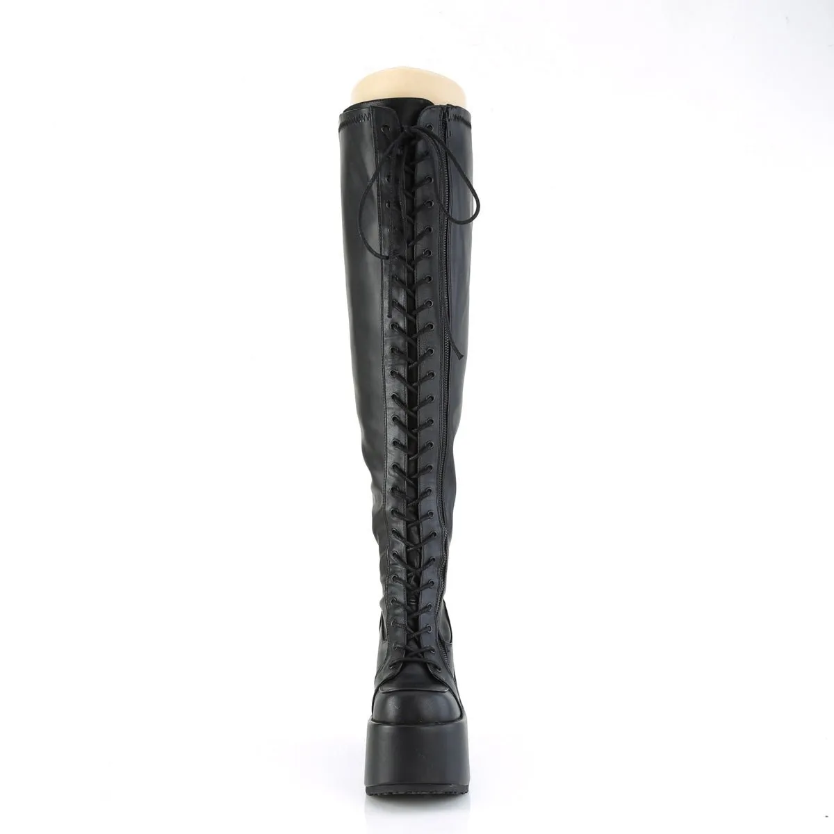 Demonia CAMEL-300WC | Black Stretch V. Leather Above Knee Boots