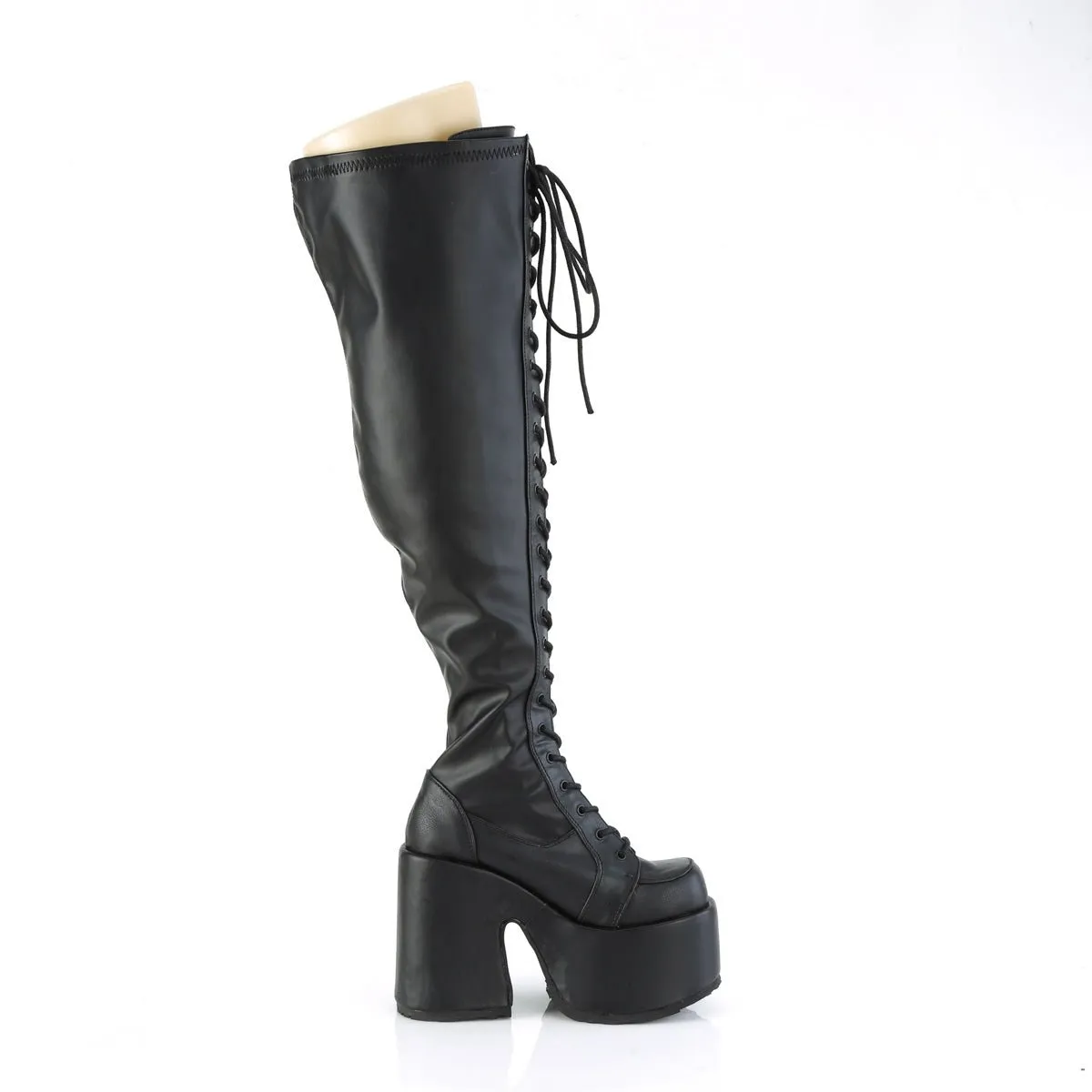 Demonia CAMEL-300WC | Black Stretch V. Leather Above Knee Boots