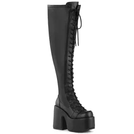 Demonia CAMEL-300WC | Black Stretch V. Leather Above Knee Boots