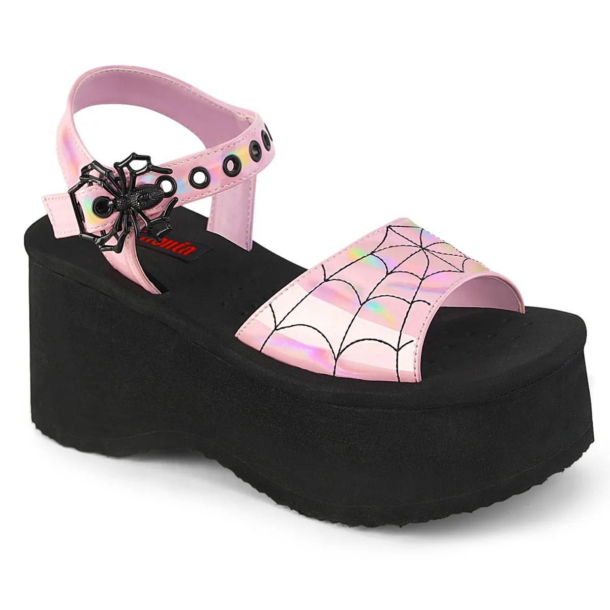 Demonia FUNN-10 | Baby Pink Hologram Patent Sandals