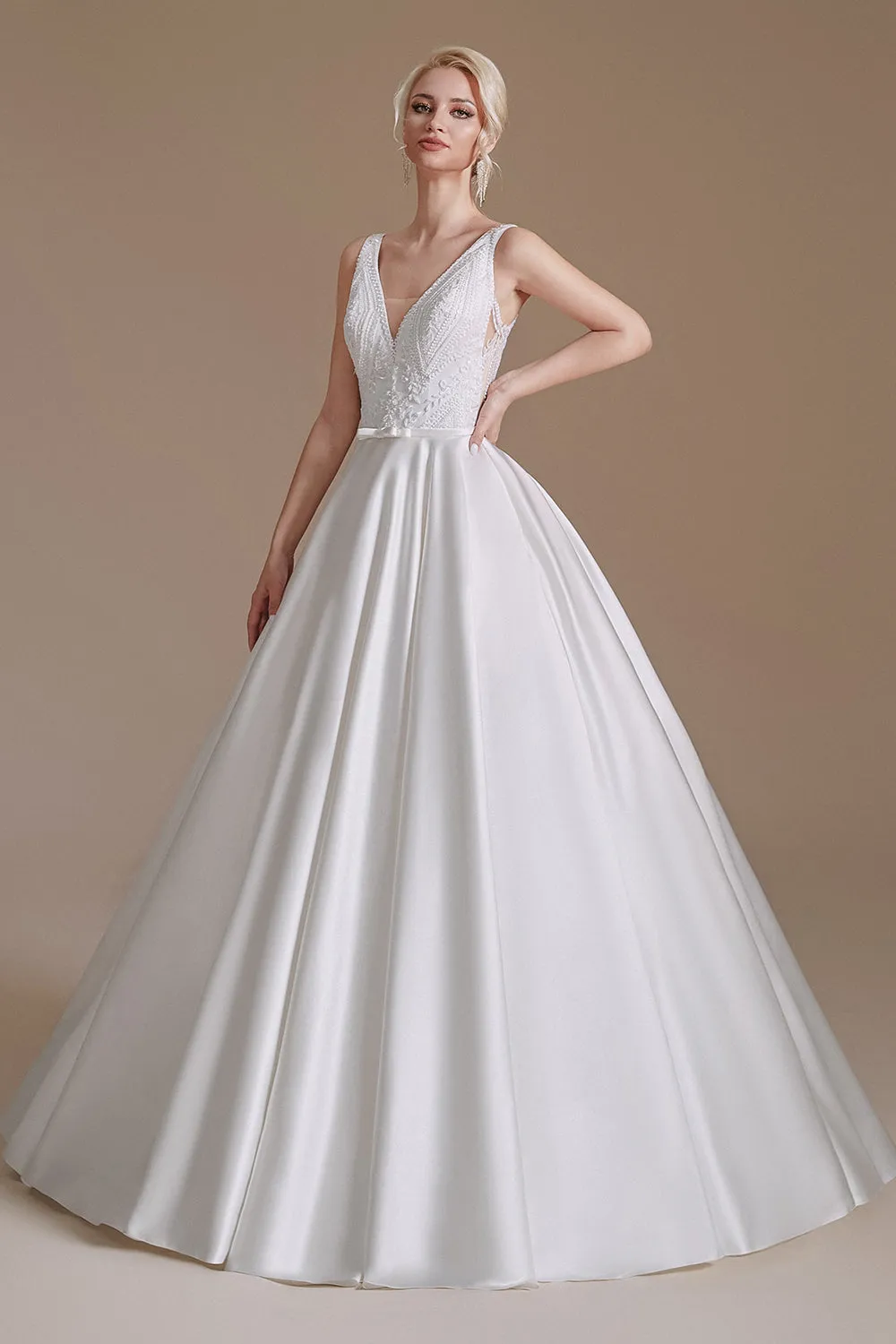 Elegant Long A-Line Sleeveless Satin Wedding Dress