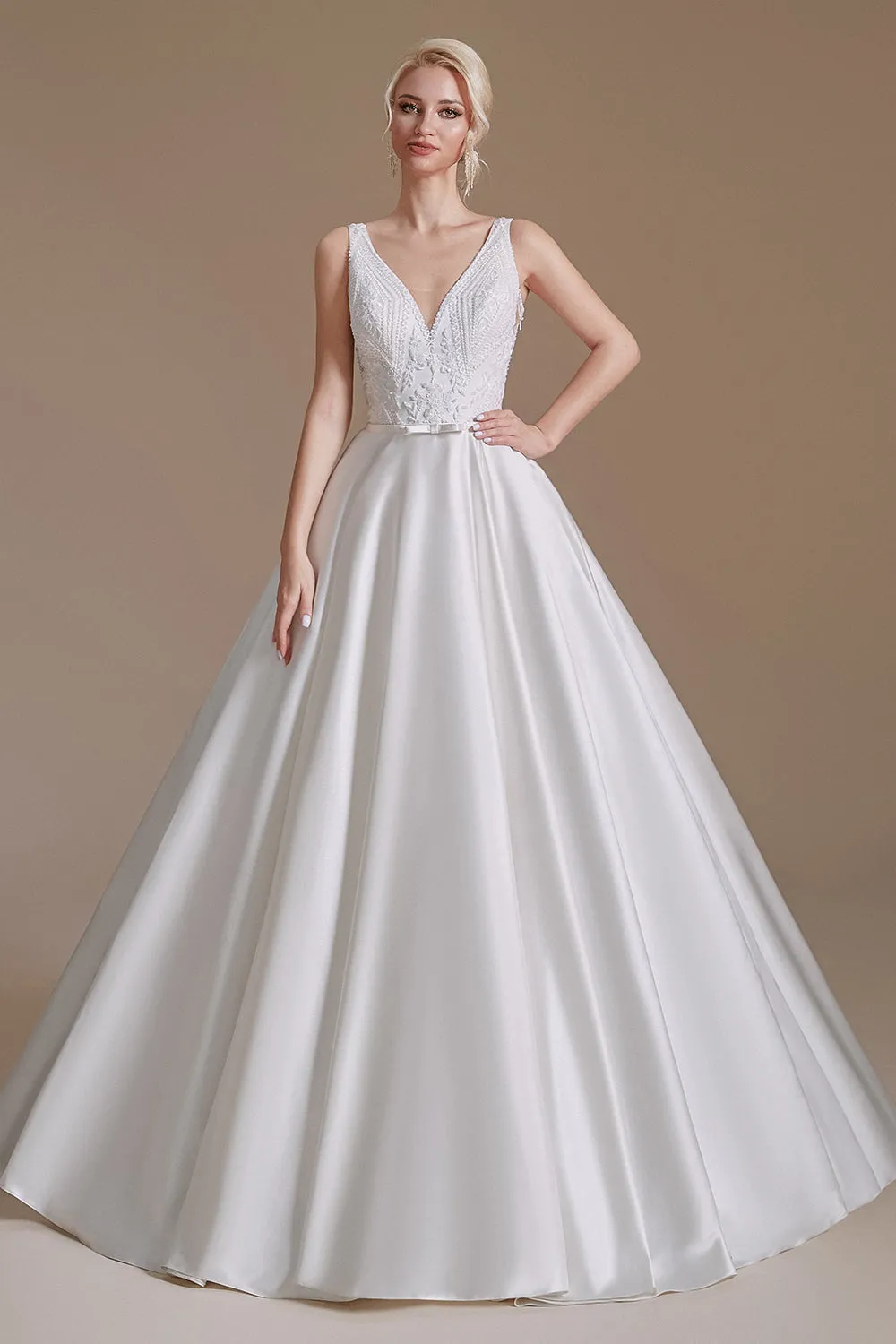 Elegant Long A-Line Sleeveless Satin Wedding Dress