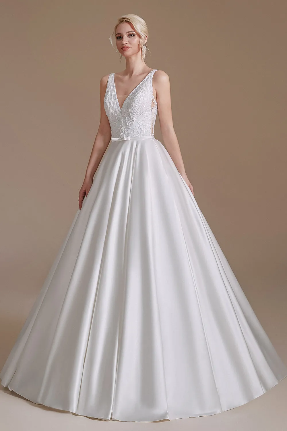 Elegant Long A-Line Sleeveless Satin Wedding Dress