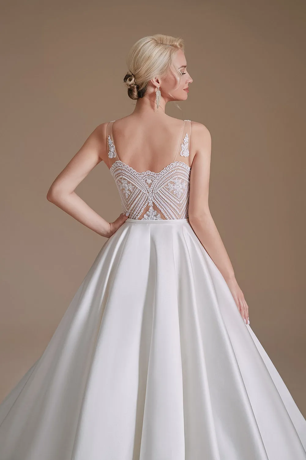 Elegant Long A-Line Sleeveless Satin Wedding Dress