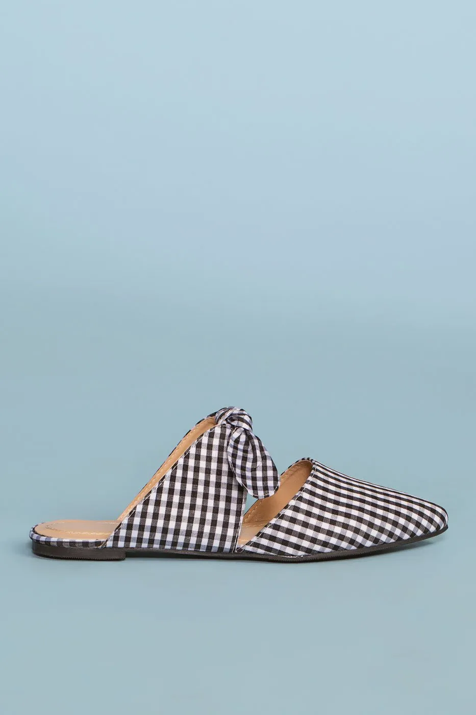 Fiona Bow Pointy Black and White Toe Mules - Gingham