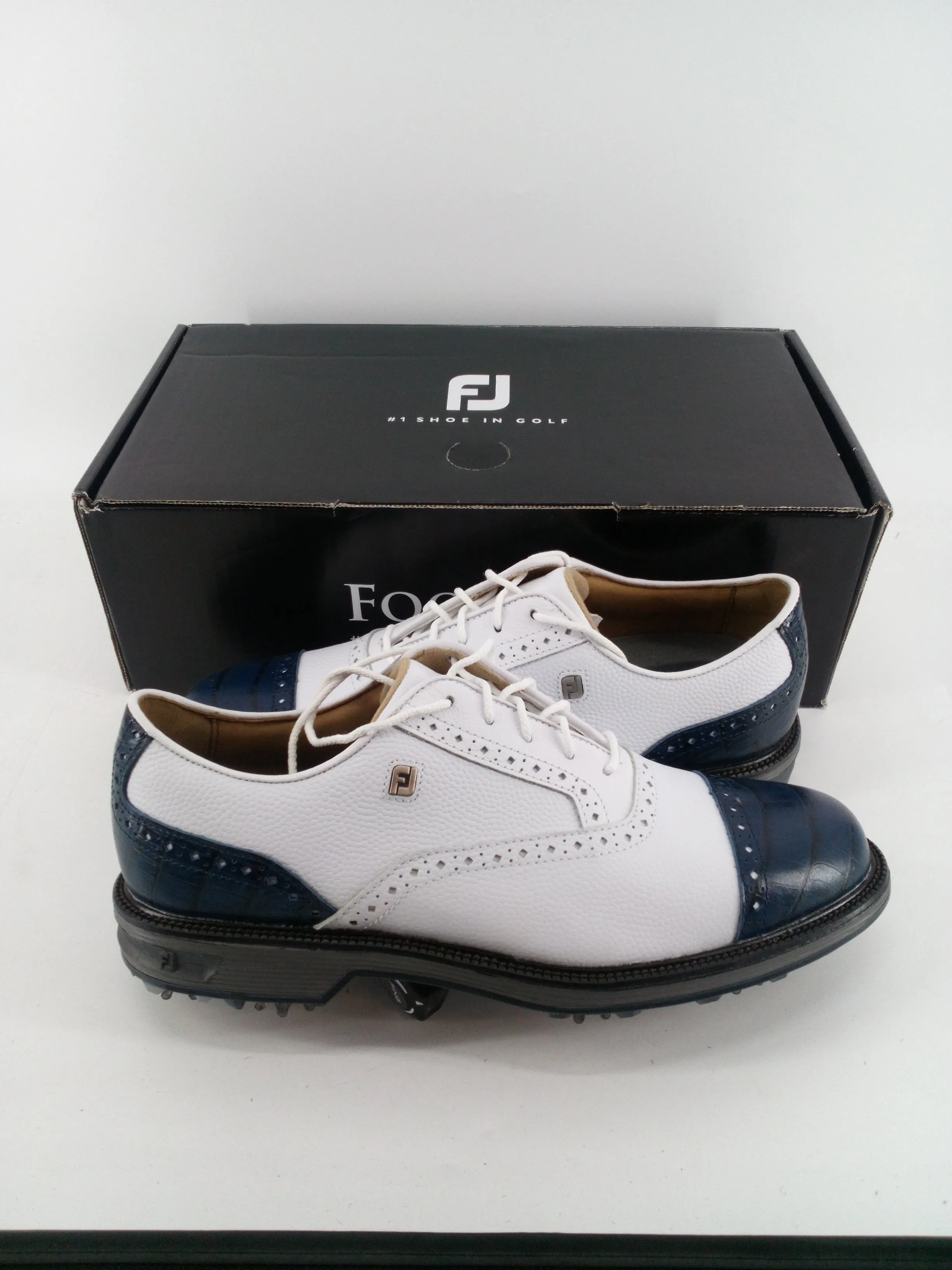 Footjoy Myjoys Premiere Series Tarlow Golf Shoes White Blue Gator 8.5 Medium