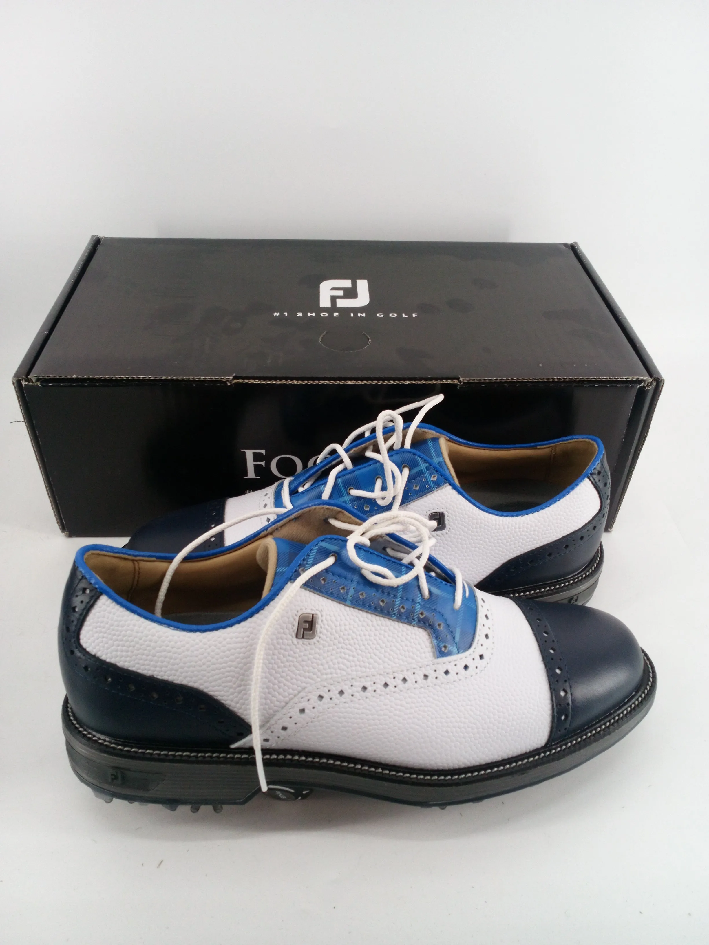 Footjoy Myjoys Premiere Series Tarlow Golf Shoes White Blue Plaid 7.5 Medium