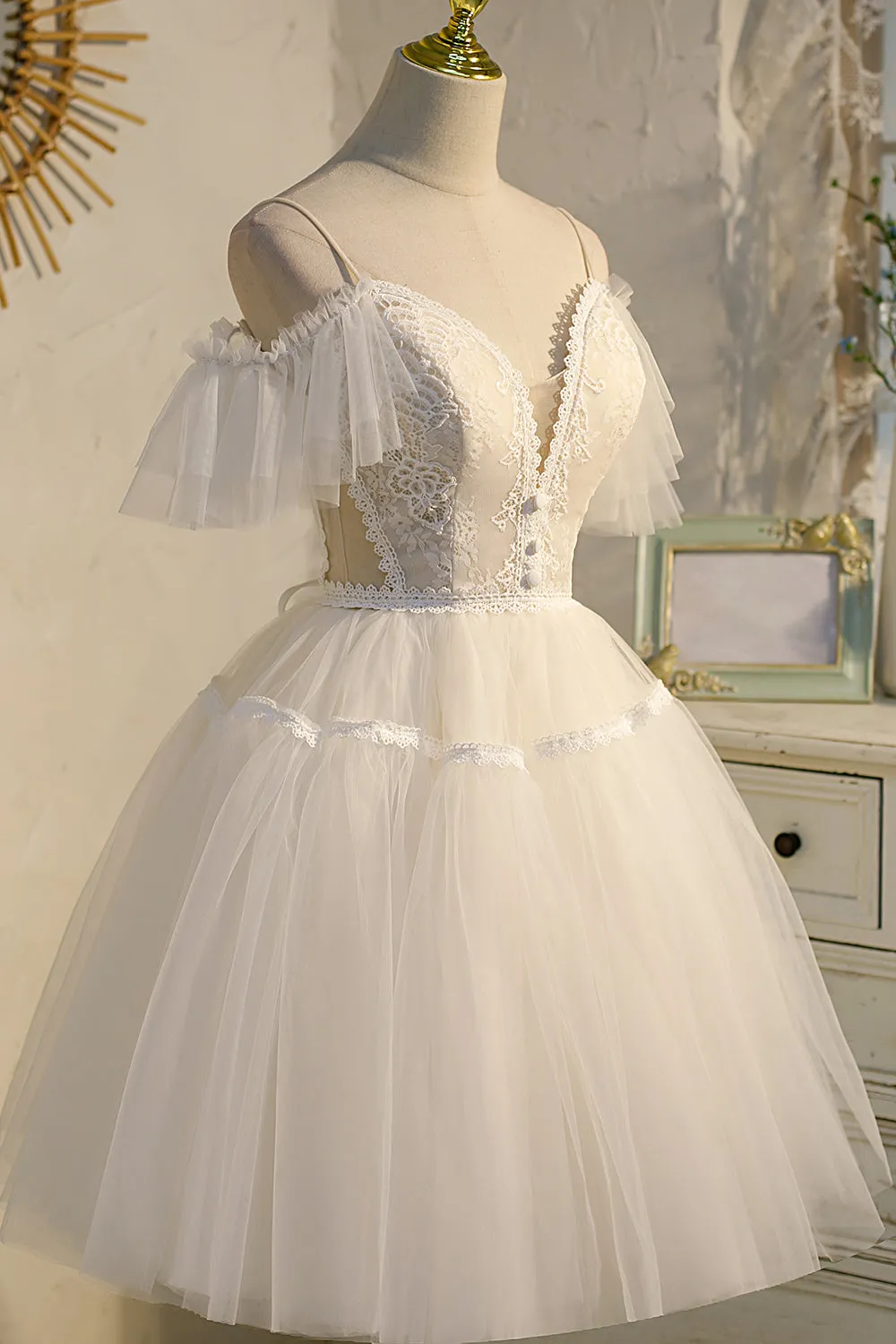 Lace V-Neck Sweet Fairy Dress Tulle Party Dress Homecoming Dress