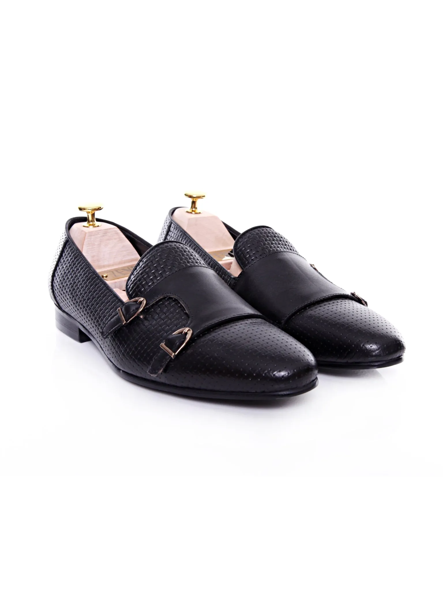 Loafer Slipper - Black Double Monk Strap with Woven Leather