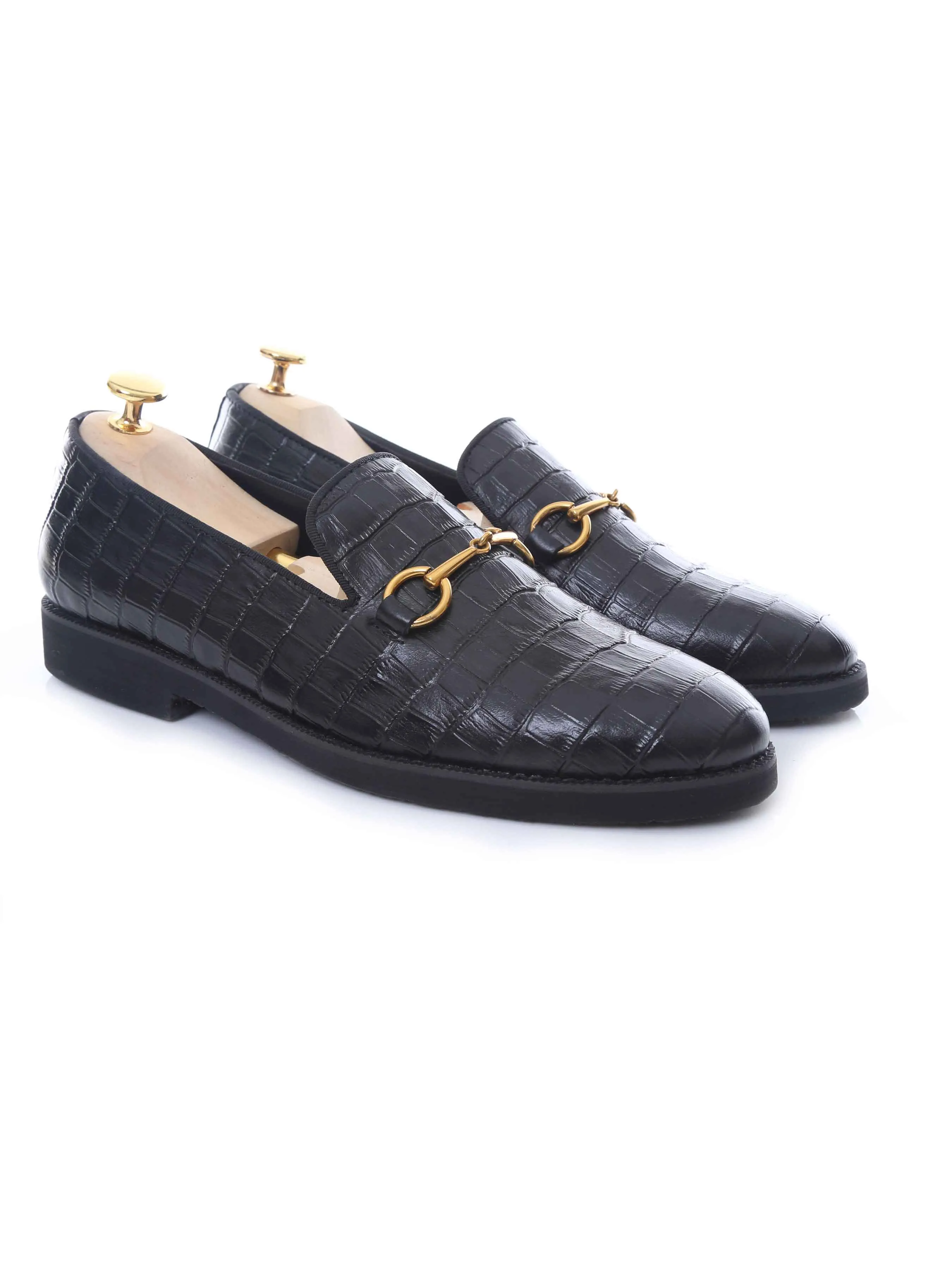 Loafer Slipper Horsebit Buckle - Black Croco Leather (Crepe Sole)