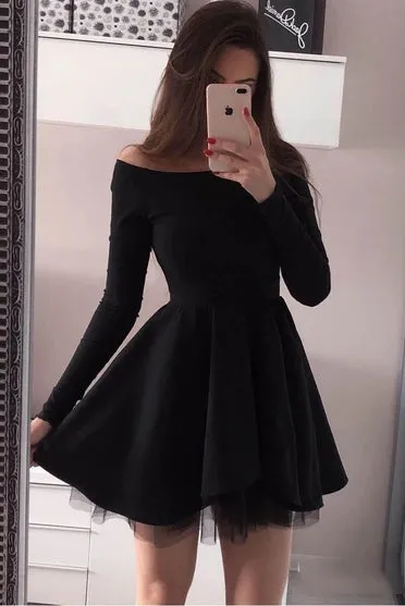 Long Sleeve Black Homecoming Dresses Off Shoulder Short Prom Dress OM484