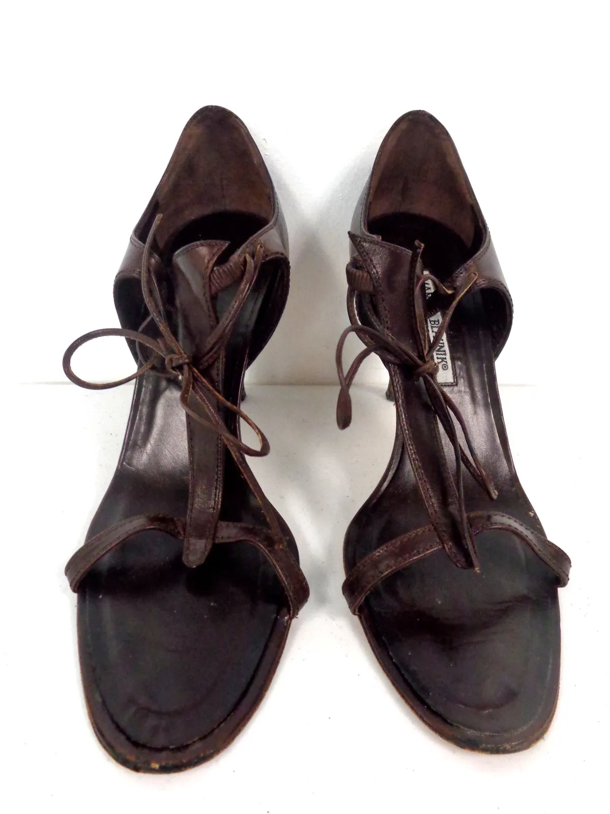 MANOLO BLAHNIK Chocolate Brown Leather V-Strap T-Strap Ankle Tie Heels Size 39 1/2